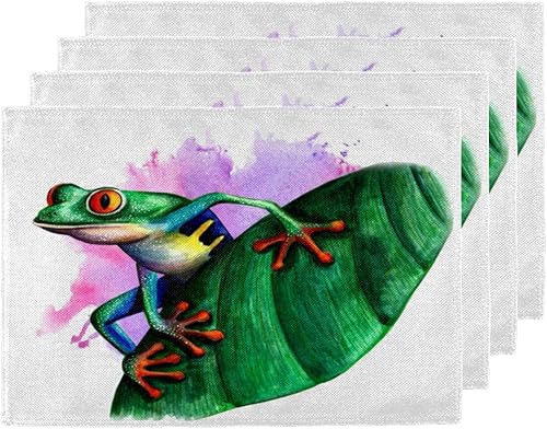 Juego de 4 manteles individuales de decoración de ranas, lavables, impermeables, para fiestas, hogar, comedor, decoración de mesa de 18 x 12 pulgadas