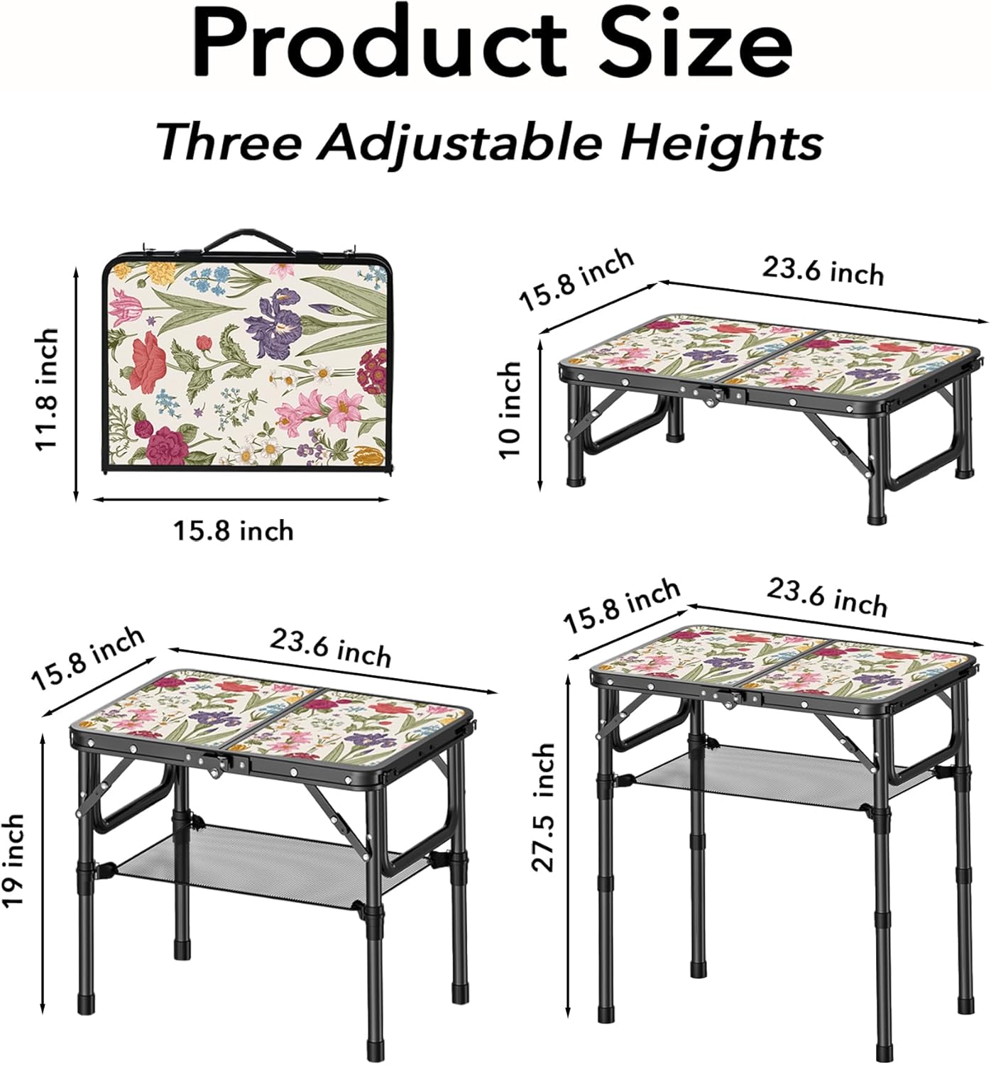 Small Camping Table, Vintage French Flowers Pattern Folding Table, Adjustable Height, Lightweight & Portable Outdoor Picnic Table with Carry Handle for Patio, Living Room, Travel