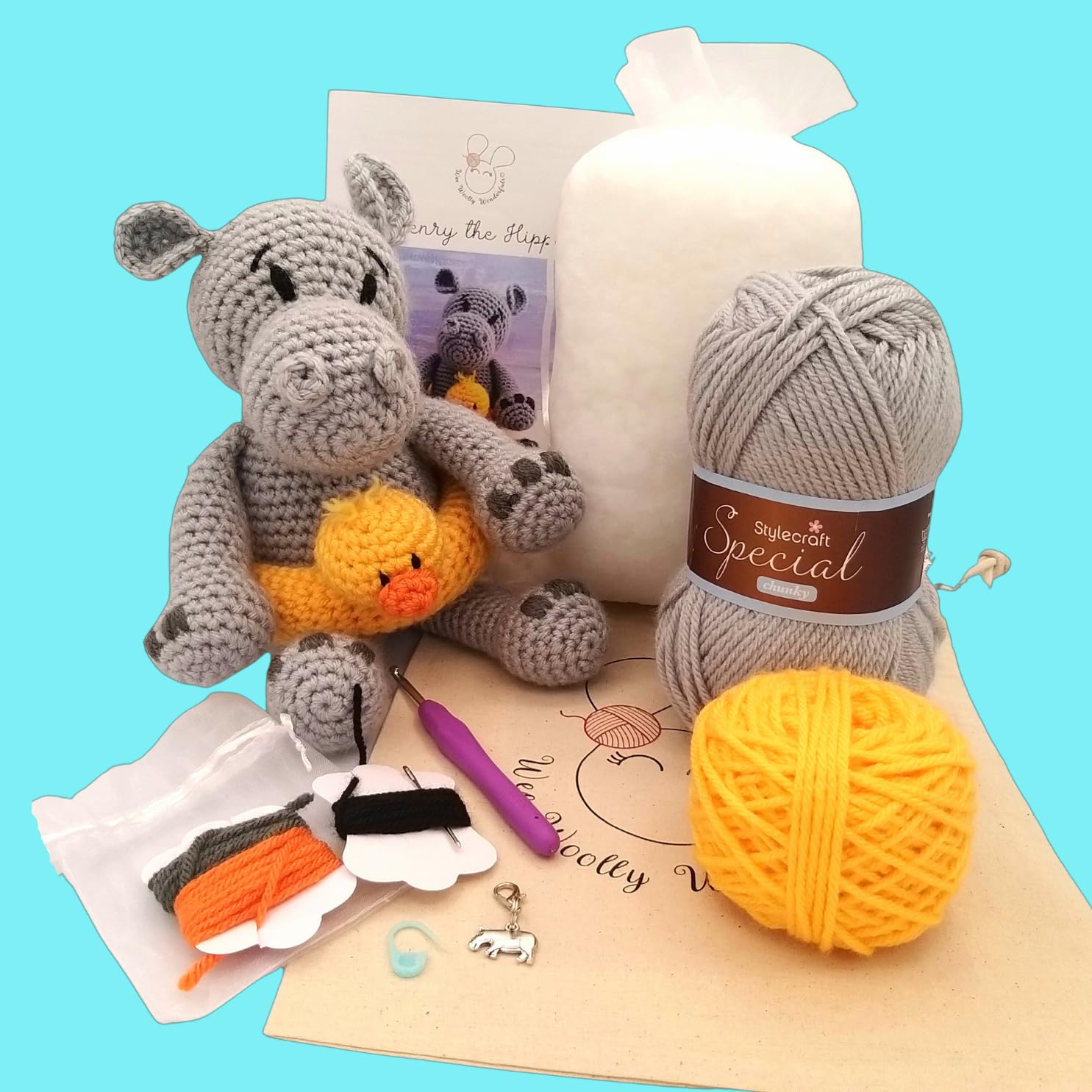 WeeWoollyWonderfuls Crochet Kit - Henry the Hippo Luxury Crochet Craft Kit, Silver Grey and Yellow, 29cm - Image 4