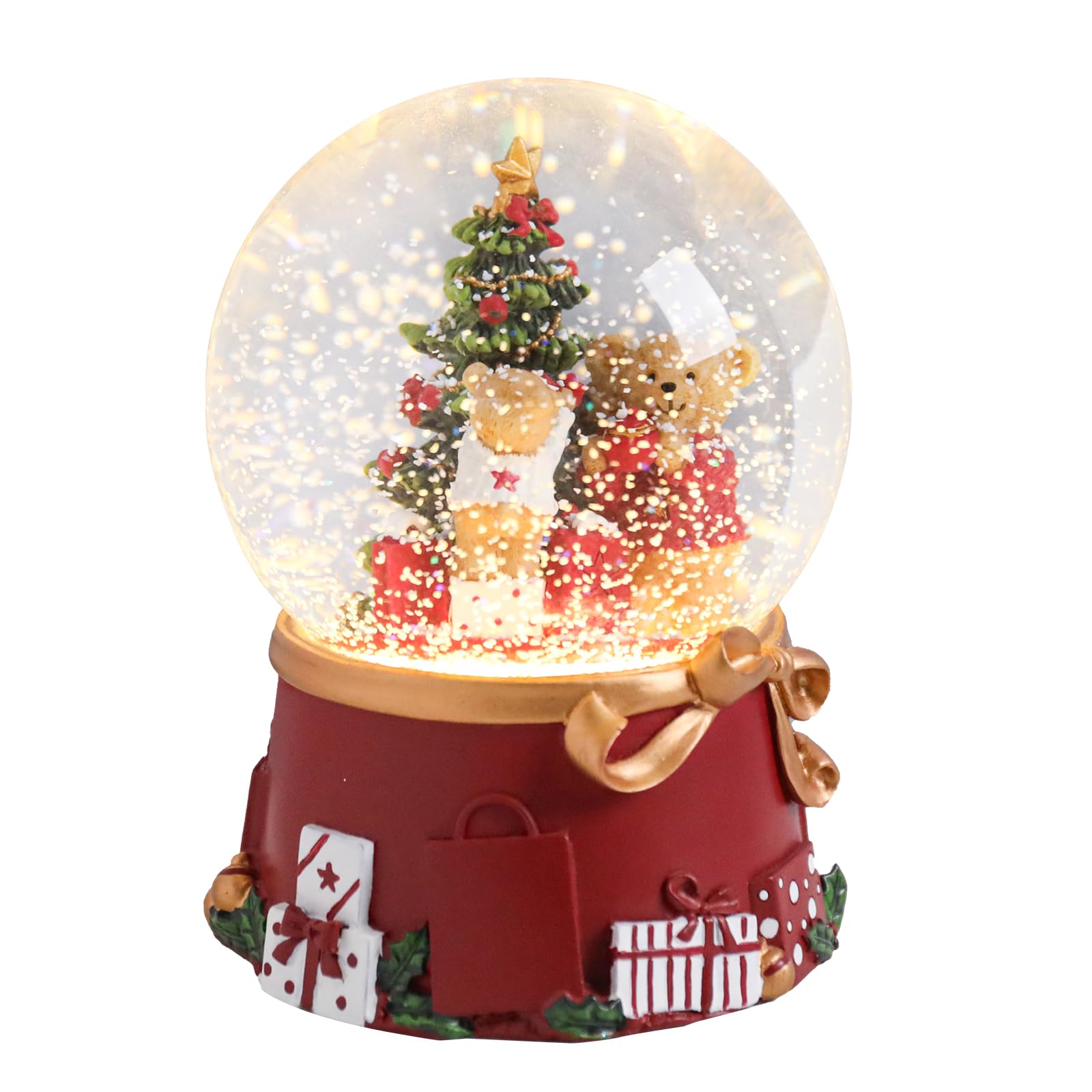 Taman Christmas Snow Globe, Christmas Tree with Bear Musical Snowglobe Lighted Christmas Decorations Tabletop Home Décor(No Auto Snowflake)