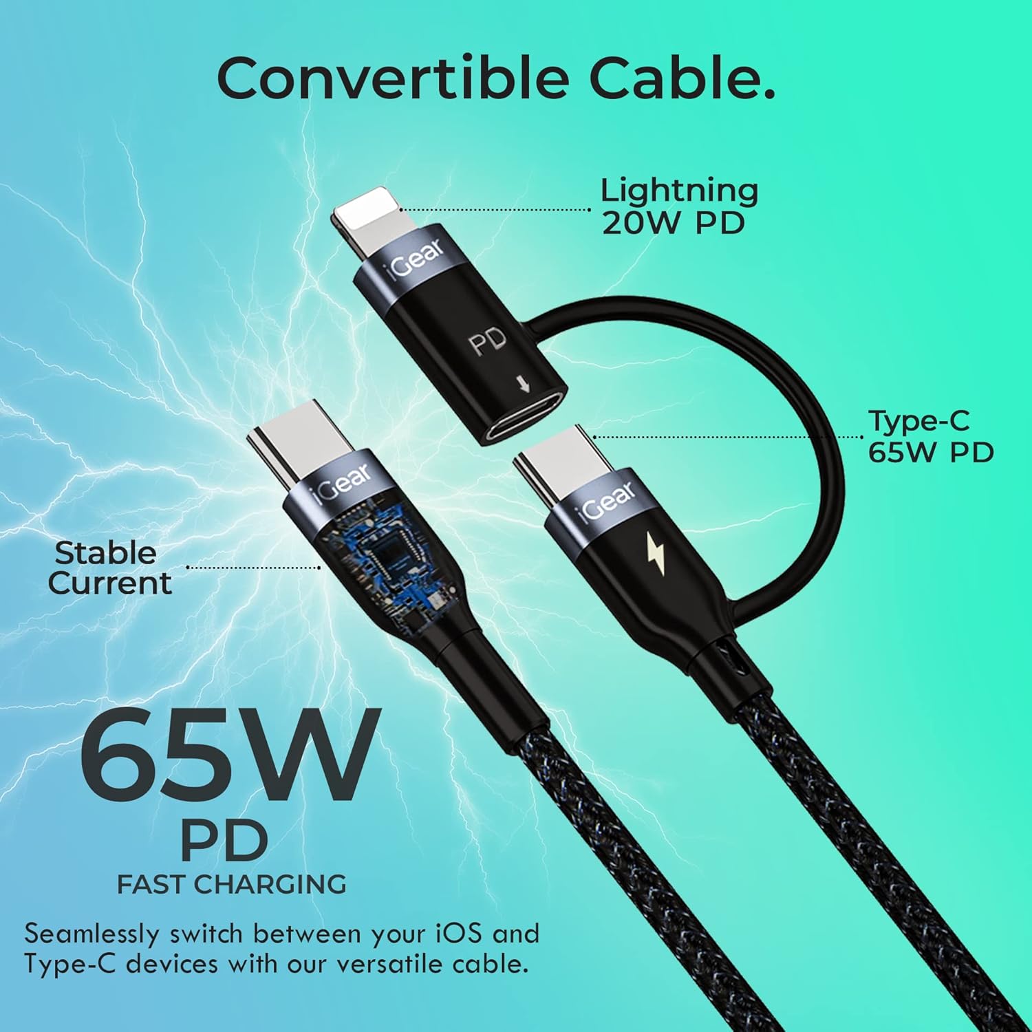 Diagram showing iGear Duo Cable's convertible design with Lightning and Type-C connectors and their respective PD wattages
