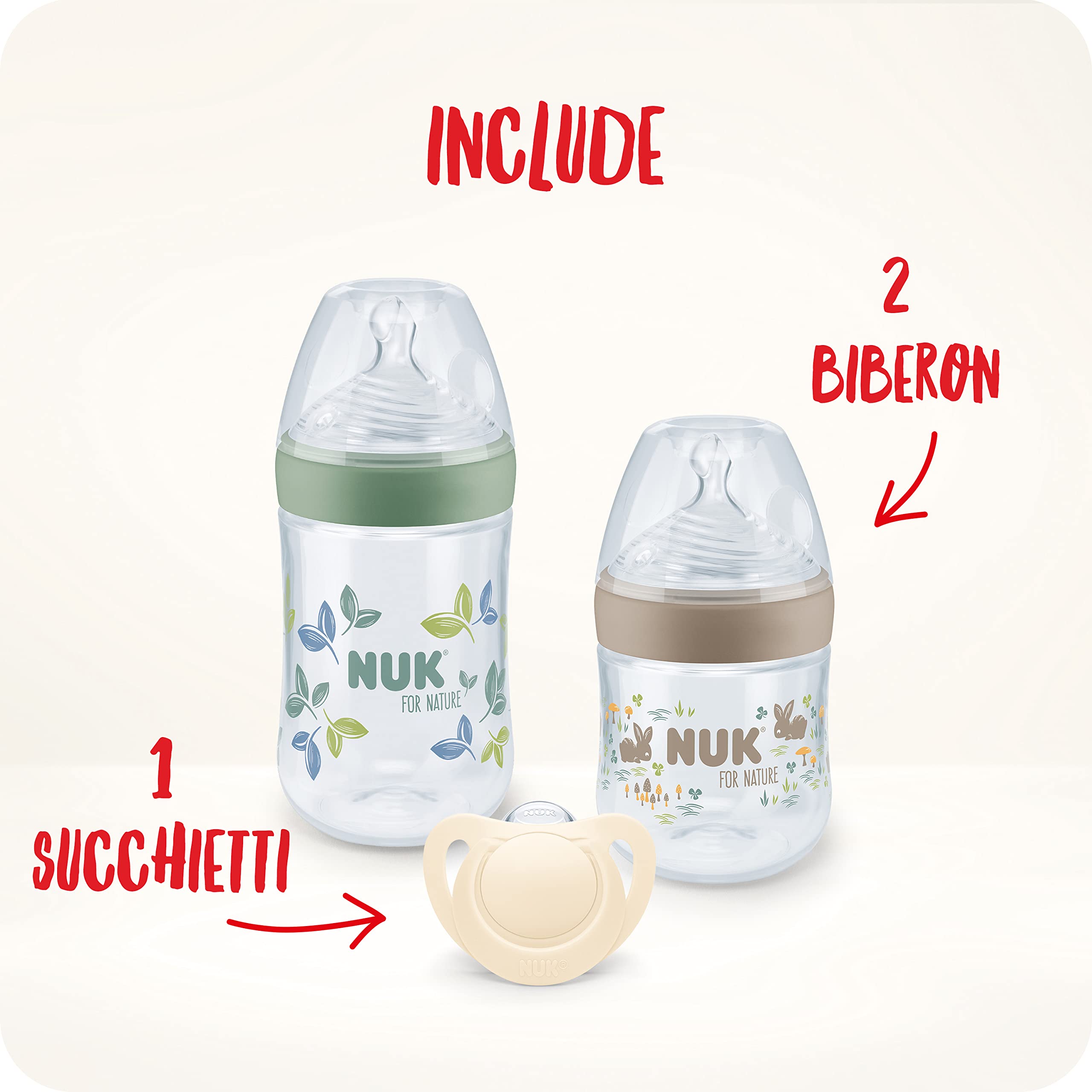 NUK for Nature Start set biberon e tettarella, 0-6 mesi, Materie prime naturali al 100%, 2 x biberon (150 ml e 260 ml), 2 x succhietti in silicone, Senza BPA, 4 pezzi