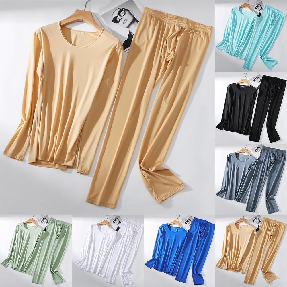 Herren-Unterhosen-Set, lässig, Eisseide, weiches Langarm-Top und Hose für alle Jahreszeiten