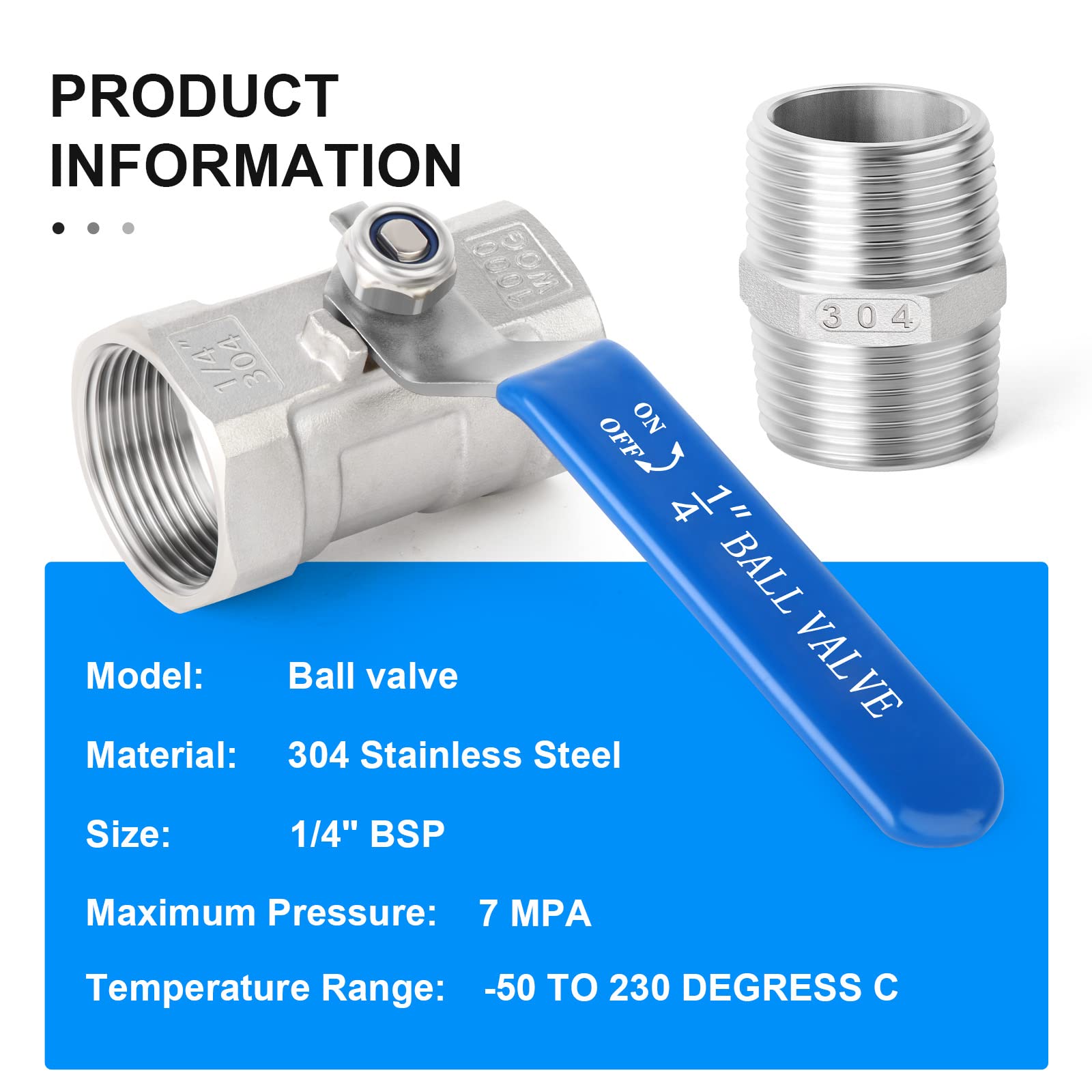 2 Stück Edelstahl Kugelhahn 1/4" BSP - Mit 2 Sechskant-Nippeln
