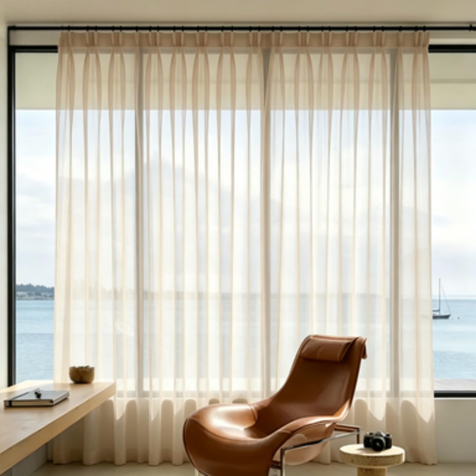 Rideau Semi 80 x 190 cm Transparent Filtrant La Lumière, Idéal Panneau de Rideau Intérieur L'Élégance Classique pour Fenêtre de Cuisine, Style Maison de Campagne, Moderne, Marron Clair