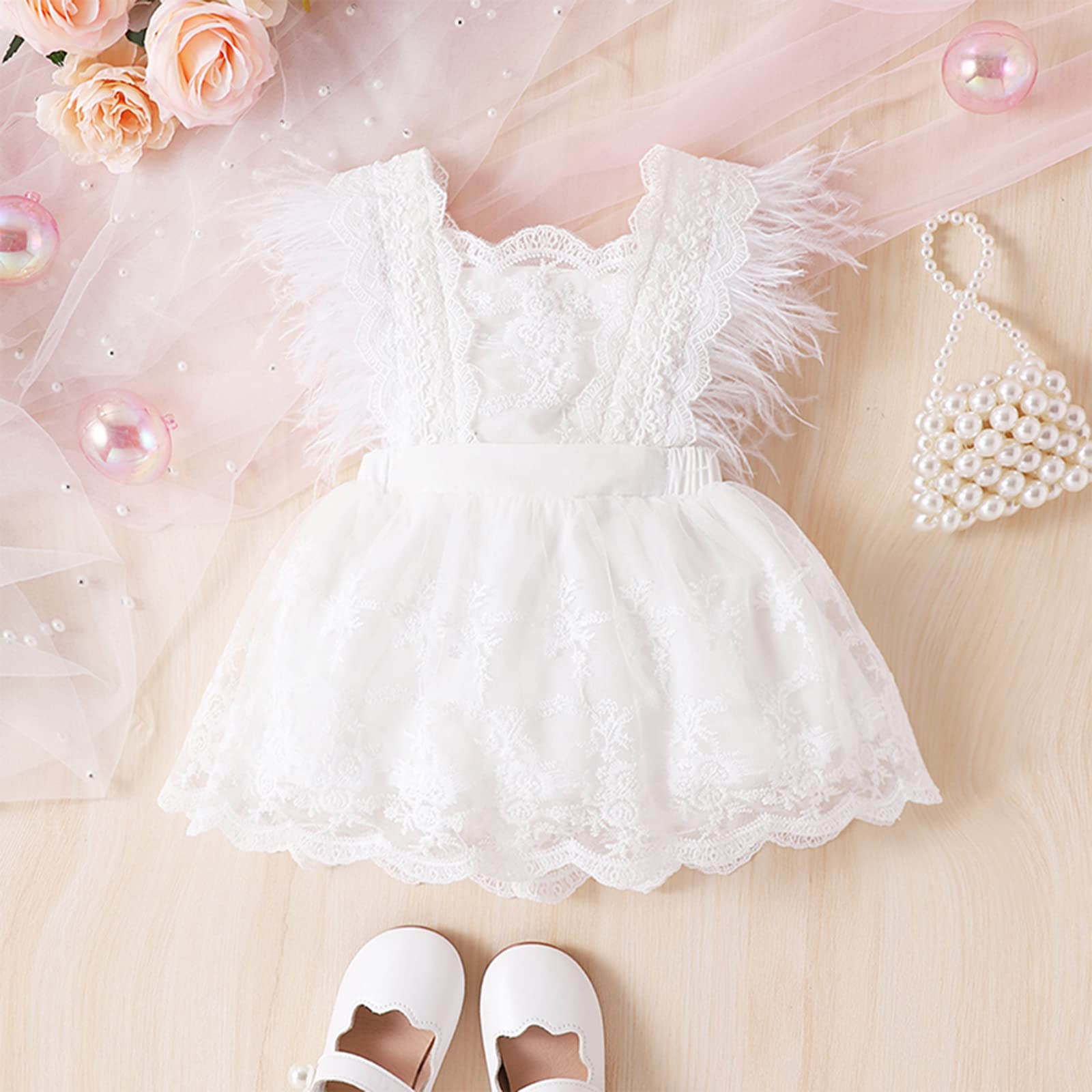 Toddler Baby Girls Lace Dress Floral Embroidery Feather Sleeve Tulle Tutu Dresses Cake Smash Party A-Line Sundress (White, 6-12 Months)
