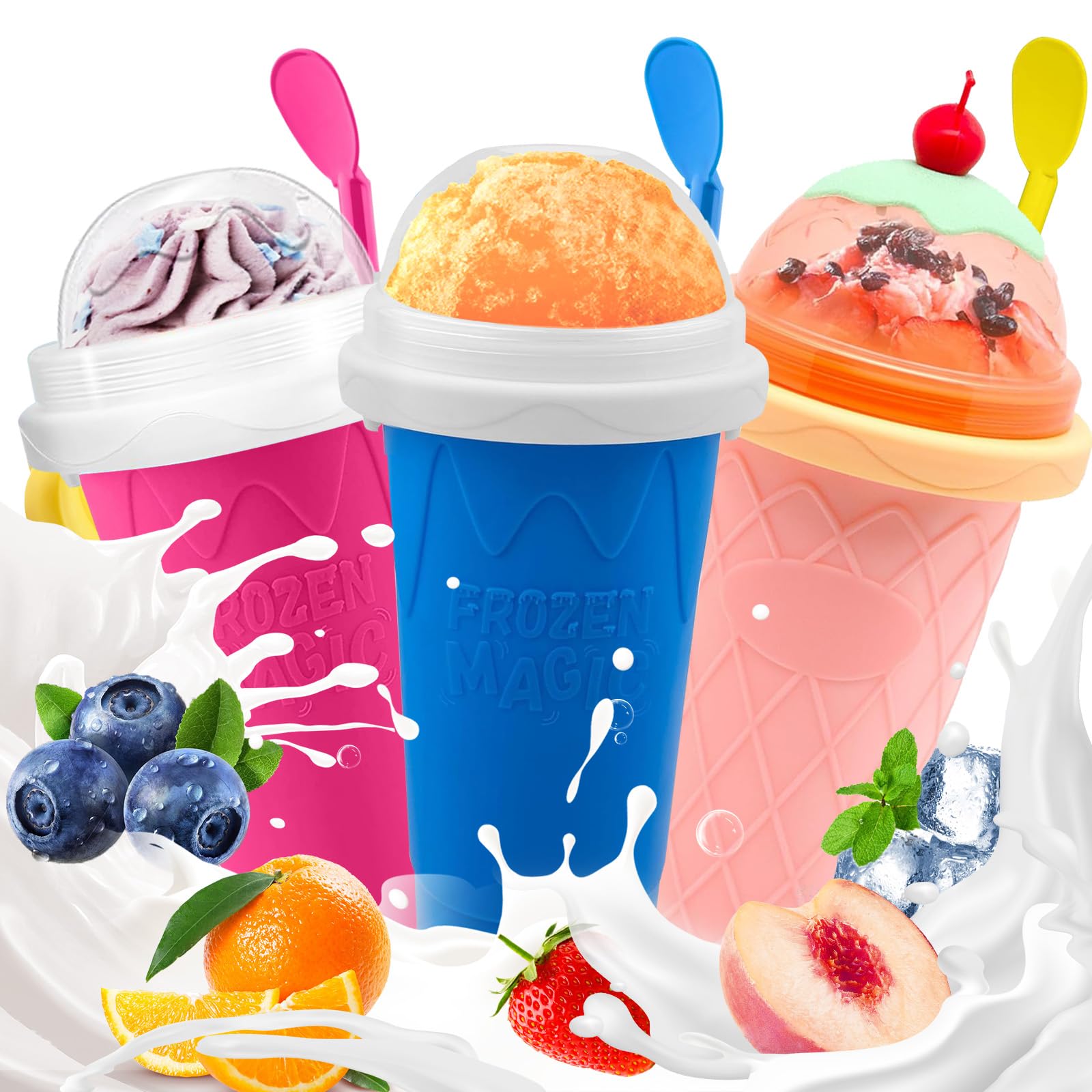 Slushie Cup, 3 Pack Slushy Maker Cup, Frozen Magic Squeeze Cups for Juice Milk Yogurt Ice Cream Make, DIY Smoothie Cooling Cup with Lid &amp; Straw for Kids Friends Family (Blue+Pink+Cherry Pink)
