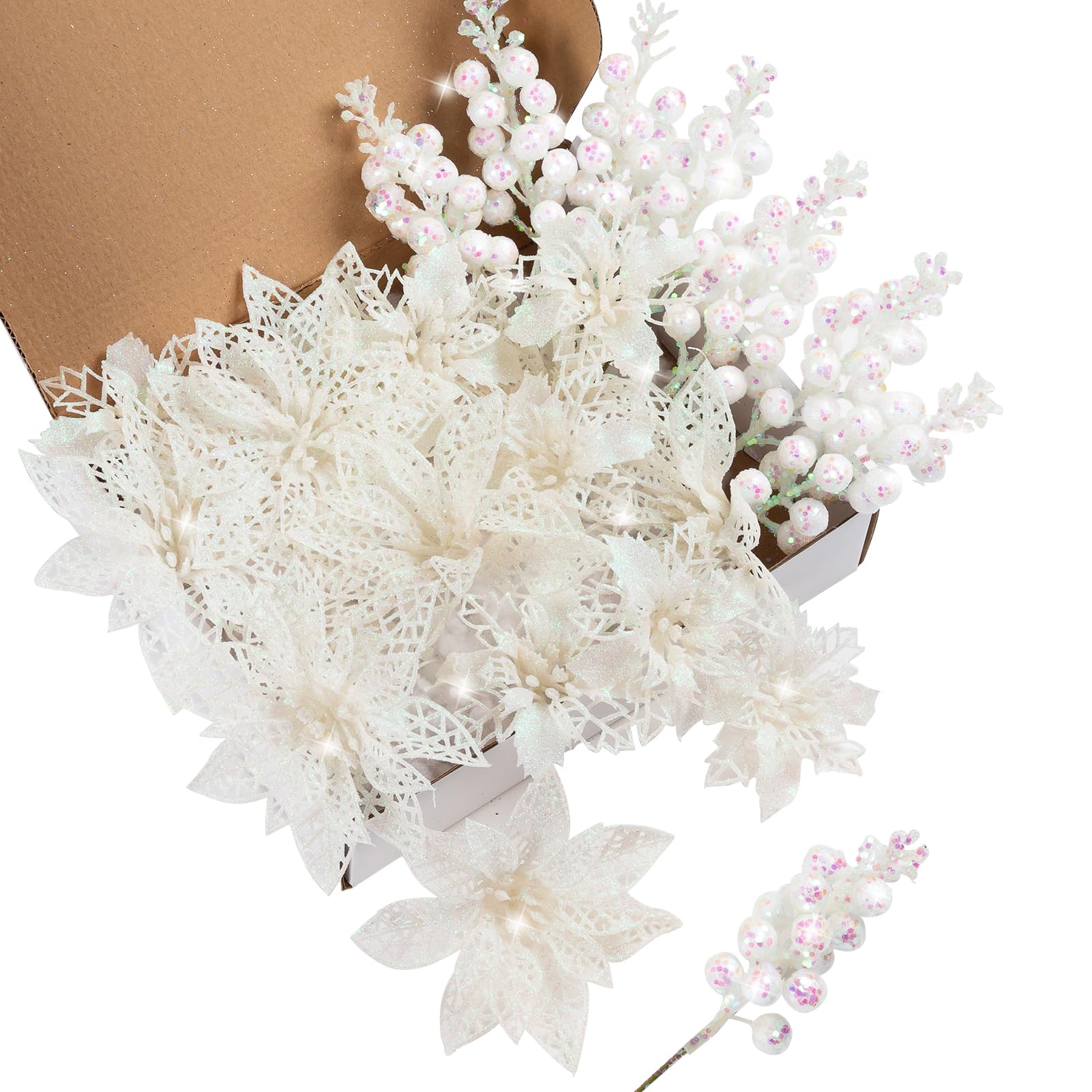 Xmastell White Poinsettia Artificial Flowers Set, 22 Pcs Christmas Flowers For Tree With 16 Poinsettia & 6 Berries Picks, Xmas Tree Flower Decorations For Festive Home Decor