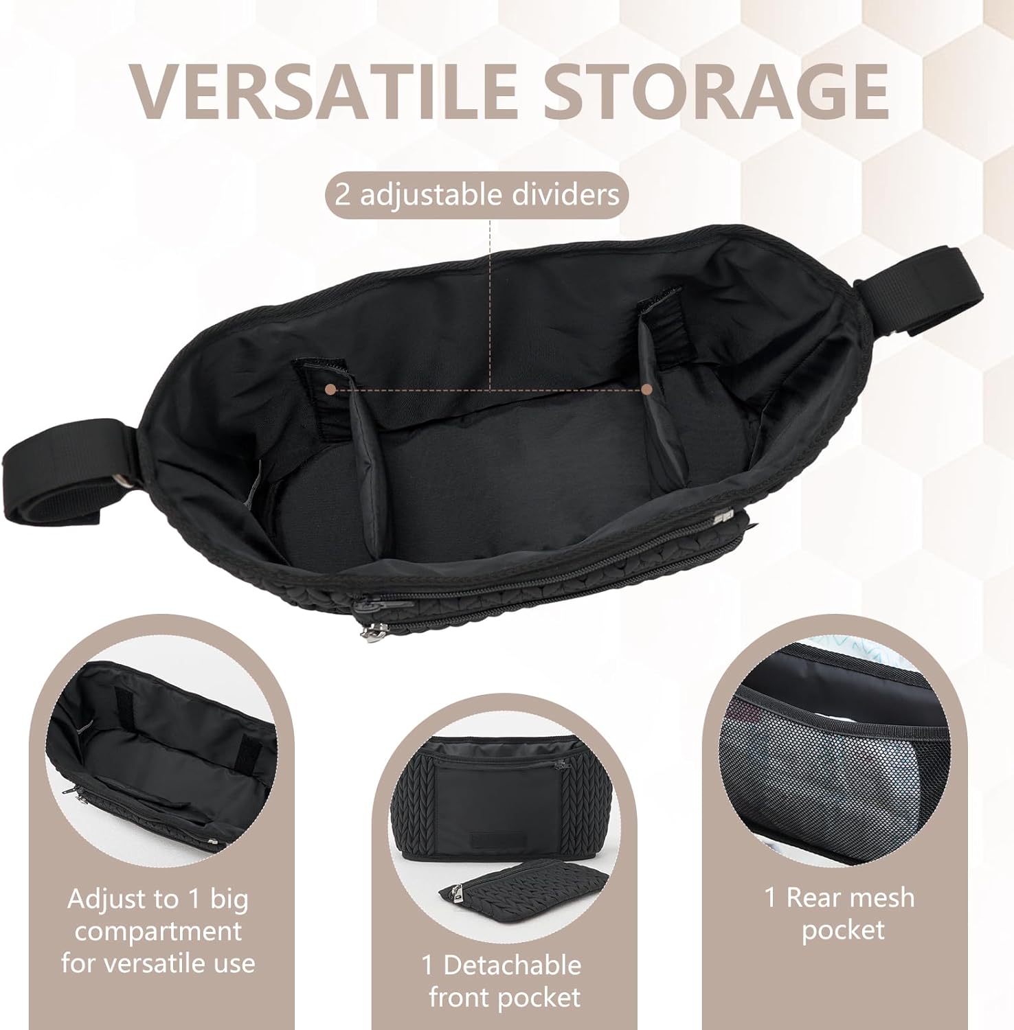 Stroller Organizer - Stylish Quilting Nylon, Universal Fit, Detachable Bag, Adjustable Multi-Storage for Baby Stroller and Pet Stroller(Black-A - Image 4