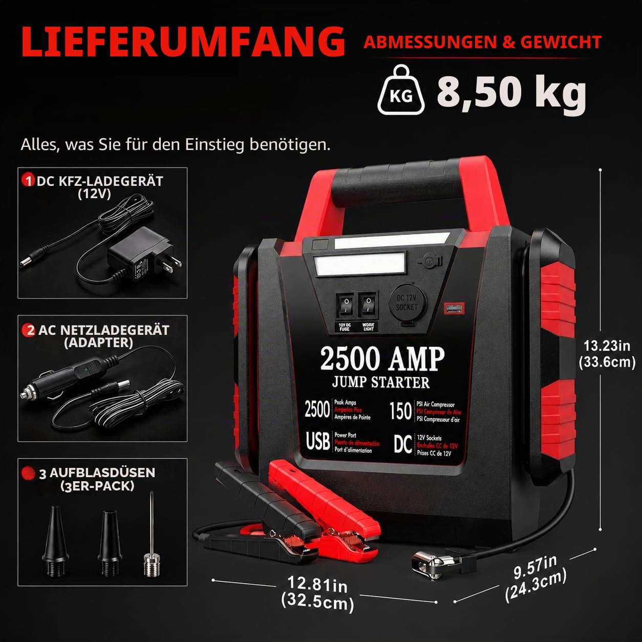 2500A Starthilfe Auto mit 150PSI Kompressor 12V Batterie Booster für LKW SUV bis 8,0L Hubraum Benzin Diesel 20000mAh Tragbare Powerbank mit DC/USB 500LM Arbeitsleuchte