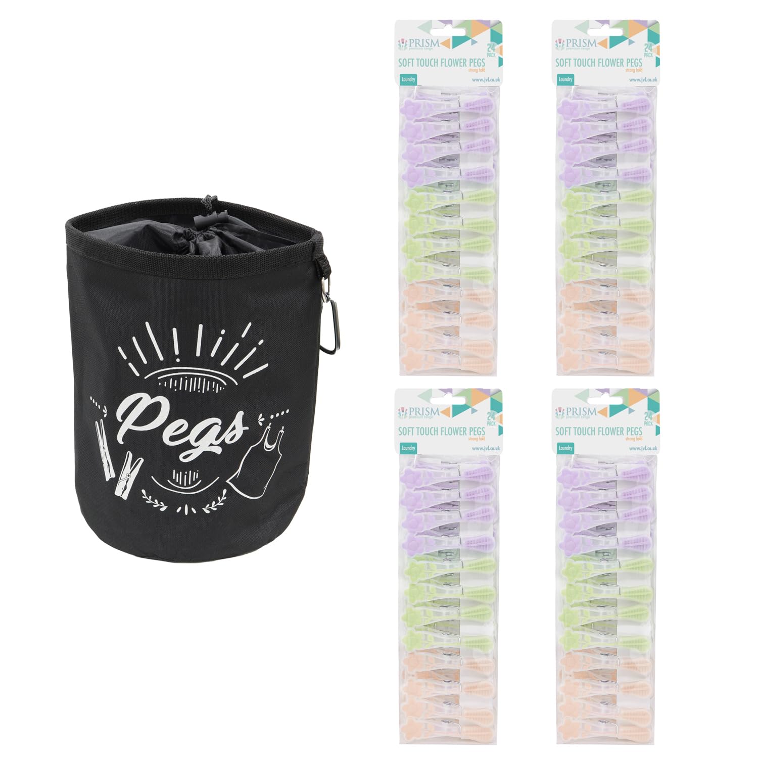 JVL Large Black Peg Bag with 96 Soft Touch Flower Clothes Pegs – Hanging Peg Storage – Assorted Colours