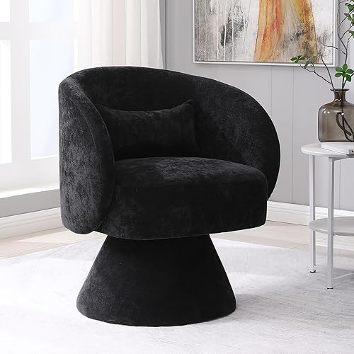 KIVENJAJA Swivel Accent Chair, Linen Fabric Upholstered 360°Swivel Barrel Arm Chairs, Modern Small Armchair with Pillow & Round Back for Living Room Bedroom Nursery (Linen, Black)