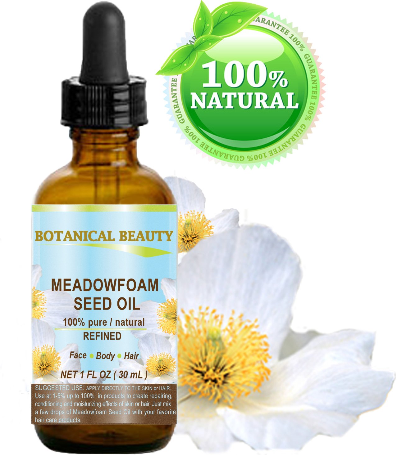 MEADOWFOAM SEED OIL 100% Pure/Natural/Refined/Undiluted for Face, Body, Hair and Nail Care. 1 Fl.oz.- 30 ml.