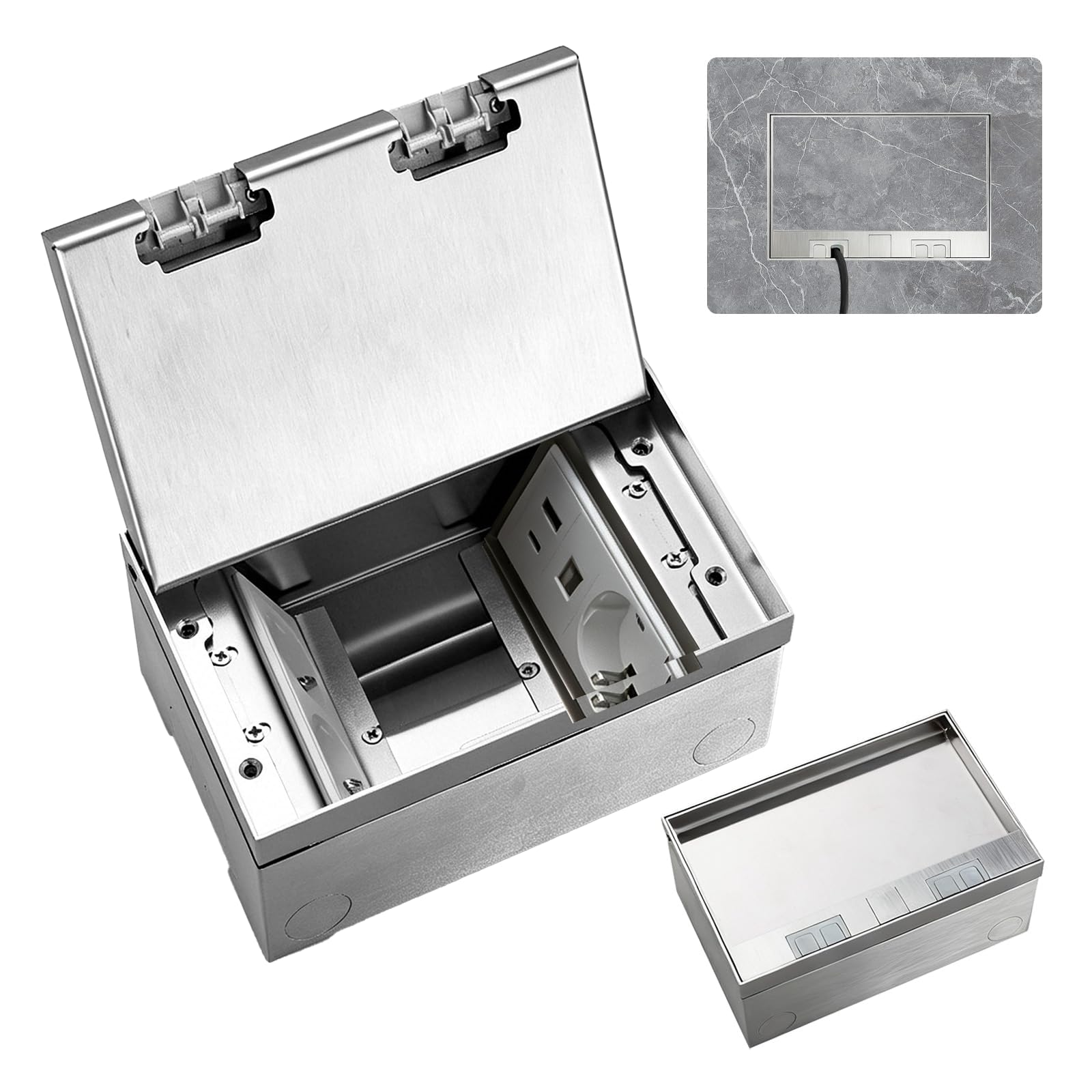 Versenkbare Bodensteckdose (20 x 13 x 6.5 cm)Einbausteckdose Bodensteckdose | Edelstahl Wasserdichte mit 3 Steckdosen 2 Netzwerkkabelanschlüsse für Küche Wohnzimmer Büro und geschützten Außenbereich