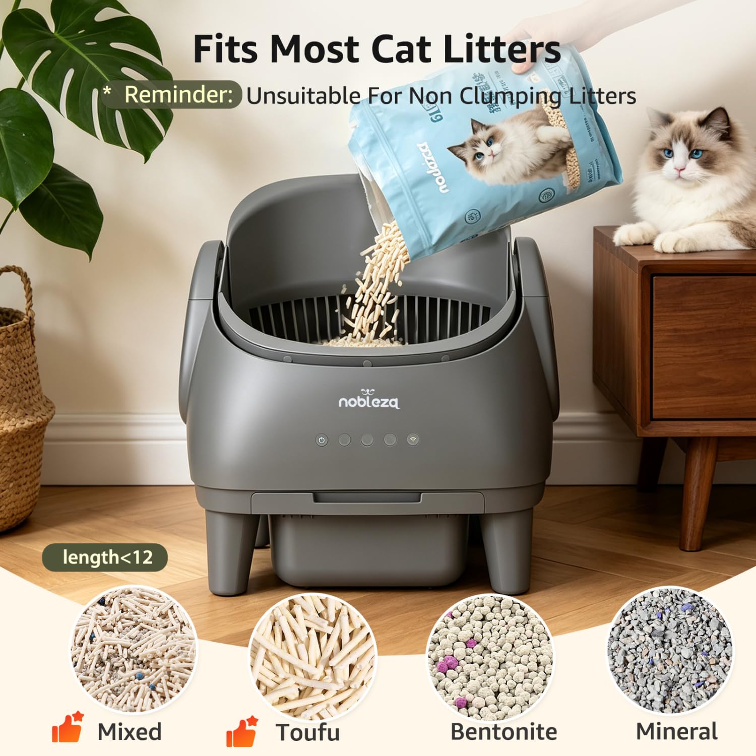 Nobleza Arenero Gatos Autolimpiable Abierto - Arenero Automático Inteligente con Control por App, Multi-Sensores de Seguridad, para Gatos 1-15kg, Incluye Bolsas y Desodorantes, Gris