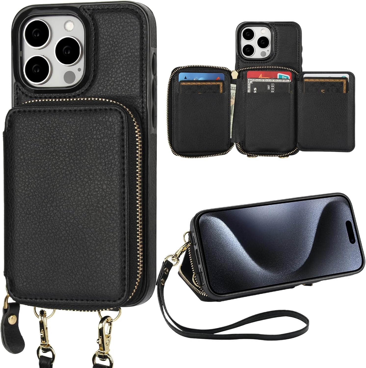 Bocasal RFID Blocking Wallet Case for iPhone 15 Pro Max, Adjustable Crossbody Zipper Purse with Kickstand and Detachable Wrist Strap, PU Leather Flip Folio Case 6.7 Inch 5G (Black)