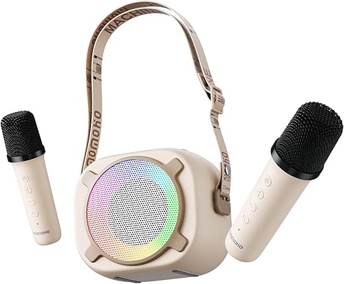 MOMOHO Karaoke Machine for Kids, Mini Portable Bluetooth Speaker with 2 Wireless Microphones and Party LED Lights for Girls Boys, Birthday Gifts Toys for 3-12+ Kids Family Party (Vanilla)