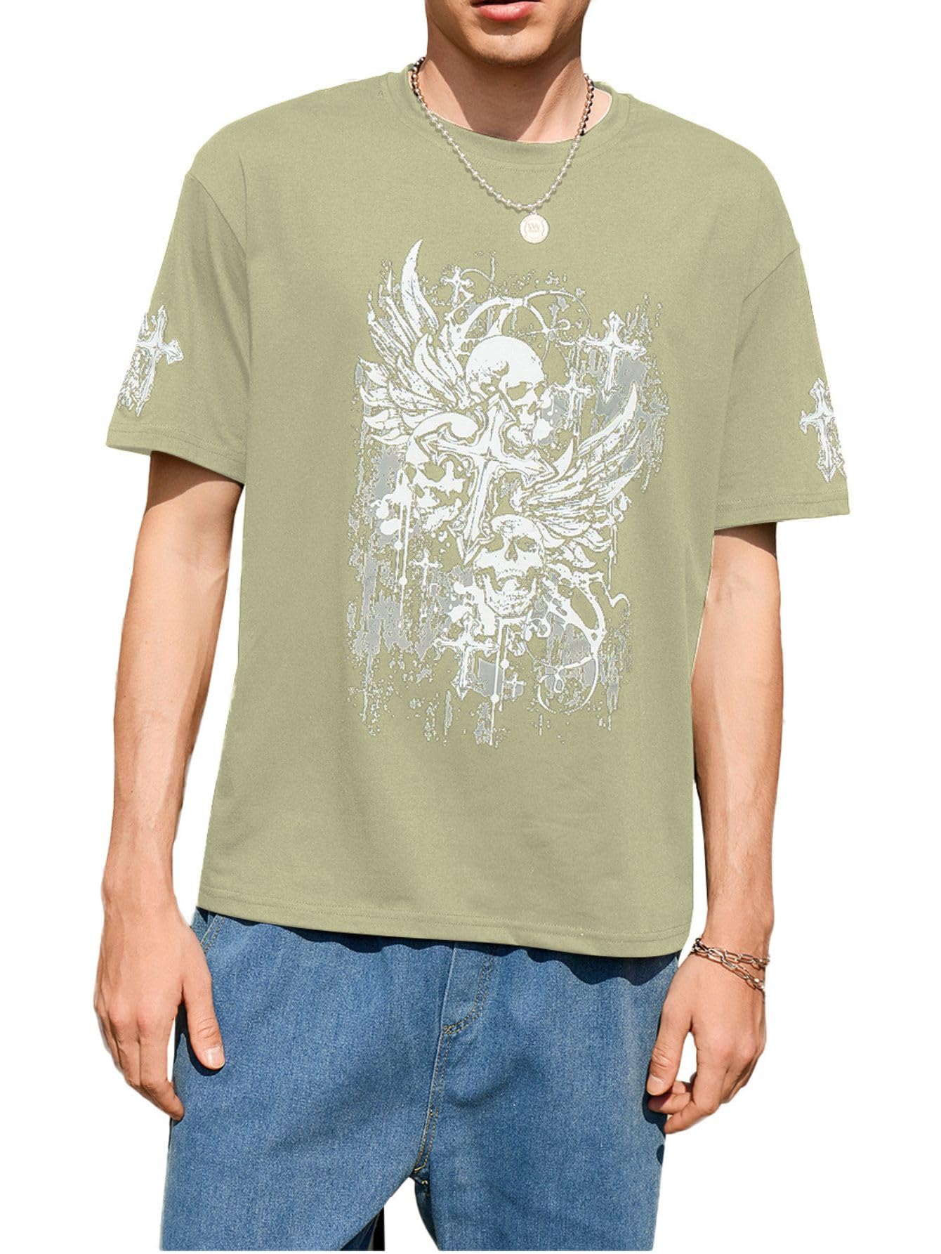 SHENHE Men's Gothic Graphic Tops Y2K Cross Print Short Sleeve Crewneck Christian Tshirt: Medium Green