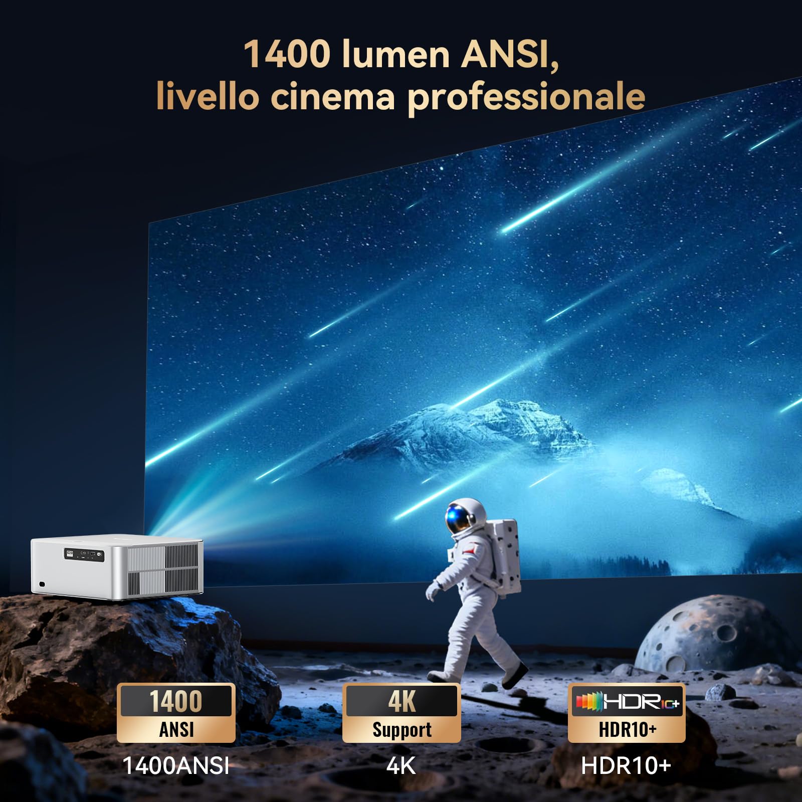 OSCAL PV800Pro Proiettore 4K【Google TV ufficiale/Assistente Vocale】Smart Proiettore 4K 1400 ANSI,Autofocus/Keystone WiFi 6 Bluetooth Videoproiettore per Home Theater/Esterno Giardino