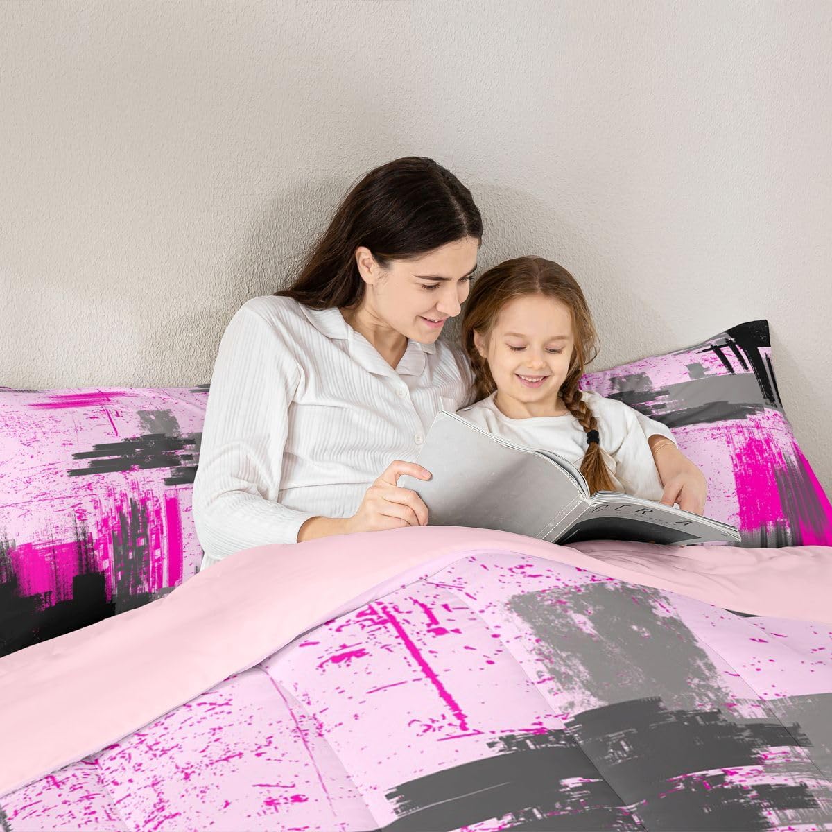 Feelyou Kids Hot Pink Grey Black Comforter Set Twin Size Abstract Art Bedding Set for Boys Girls Teens Bedroom Decor Geometric Comforter Modern Duvet Set with 1 Pillow Case