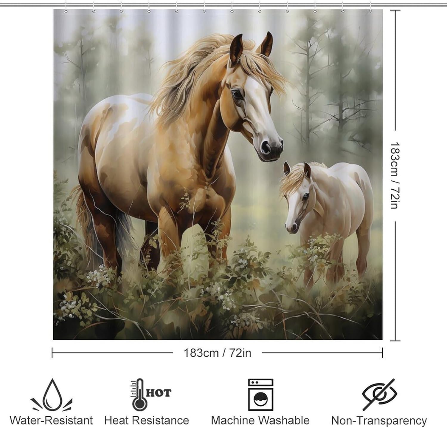 Animals Embroidery Paintings Horses 4 Piece Bathroom Set with Shower Curtain - Includes Bath Mat U-Shaped Mat Toilet Lid Cover and Waterproof Curtain Non-Slip Mat