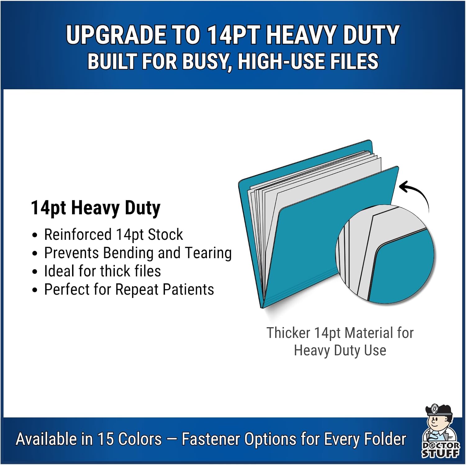 End Tab File Folders for Patient Charts, Doctor Stuff, Heavy Duty 14pt Reinforced Letter Size Folders for Clinical Documentation, Jalema Clip Position 5, Teal, USA Made Box of 50