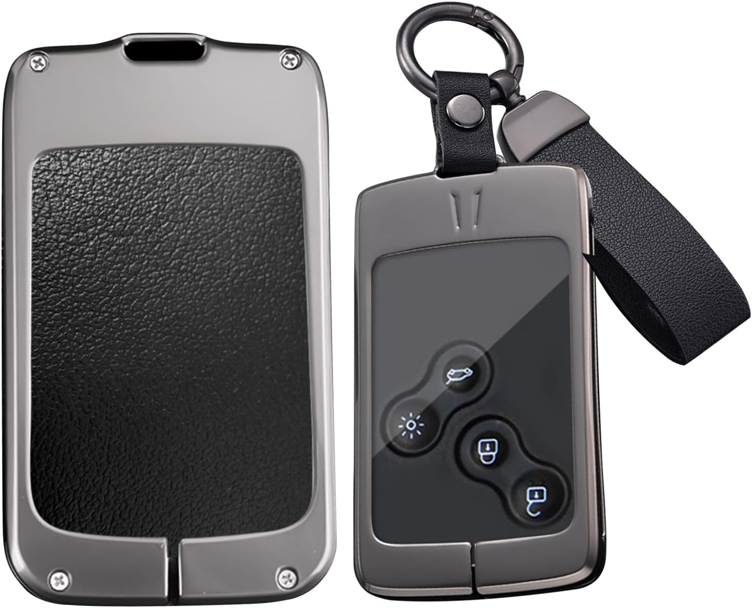 HIBEYO Key Fob Cover Compatible with Renault Clio Logan Megane Scenic Fluence Laguna Accessories Alloy Leather Key Shell Smart Remote Auto Key with Keychains-Long Keychian Black
