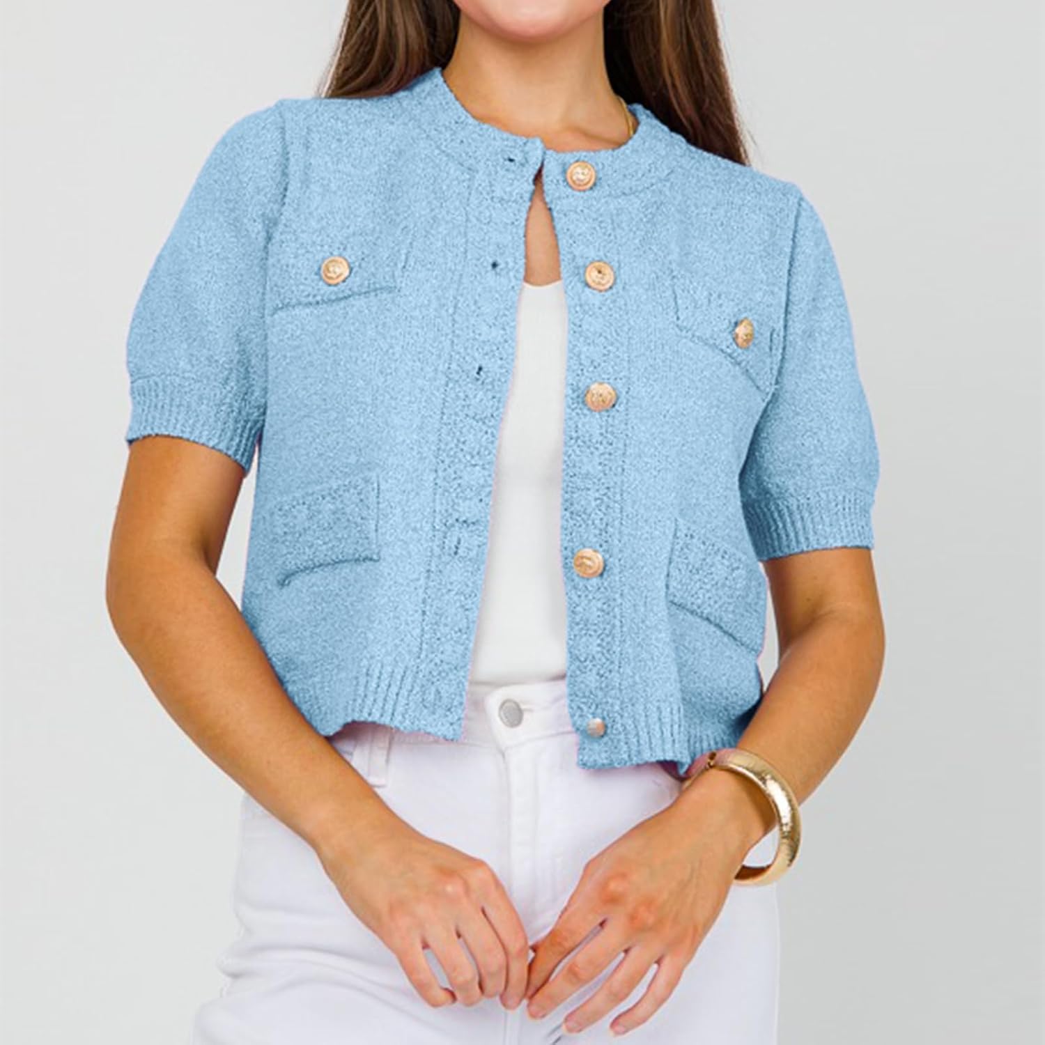 Hacikis Womens Button Down Cropped Cardigan Sweaters Crewneck Short Sleeve Knit Open Front Sweater Tops with Pockets - Image 3