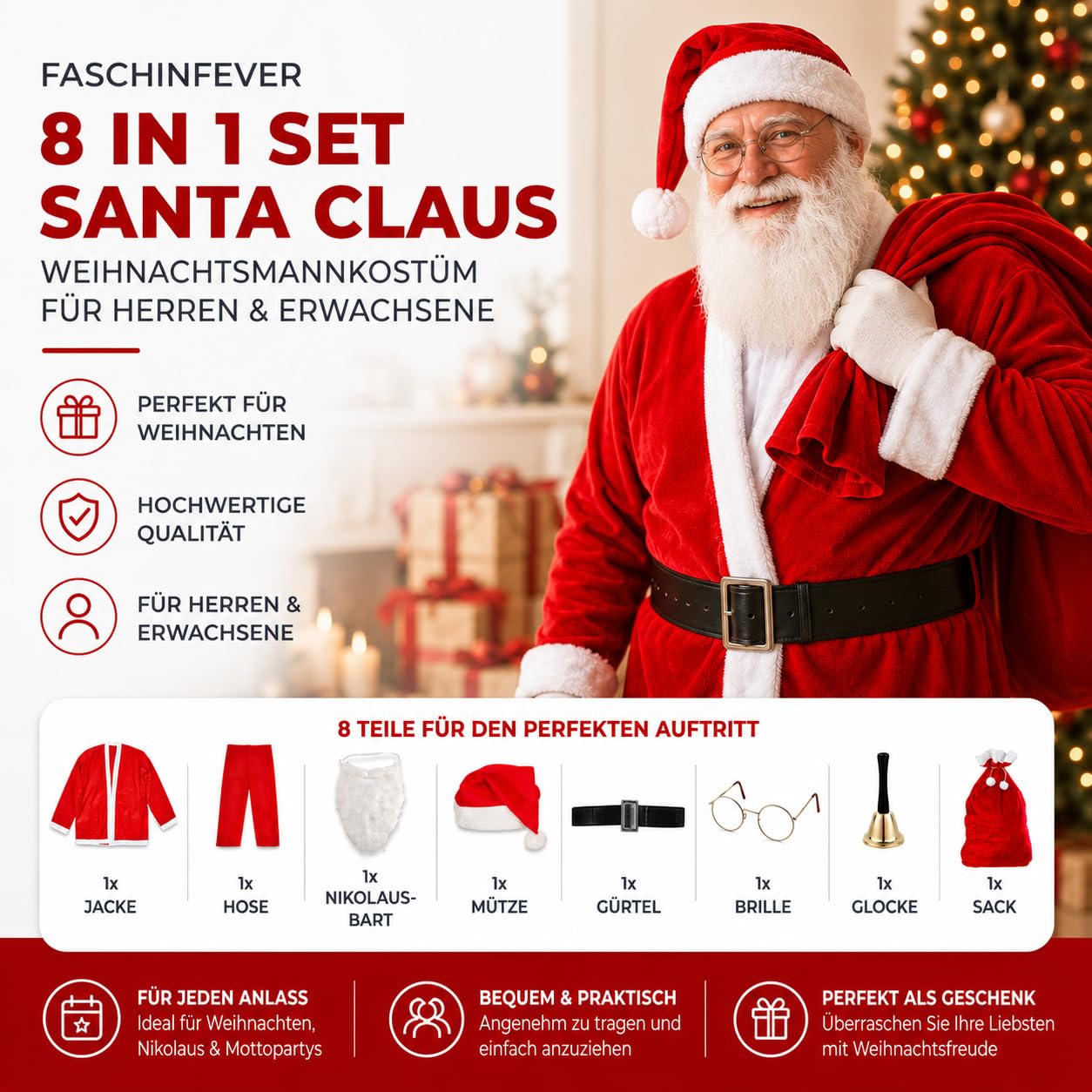 8 in 1 Set Weihnachtsmannkostüm & Nikolauskostüm - Santa Costume - für Weihnachten - Kostüm für Nikolaus - Weihnachtsmann - Santa Claus - Herren & Erwachsene