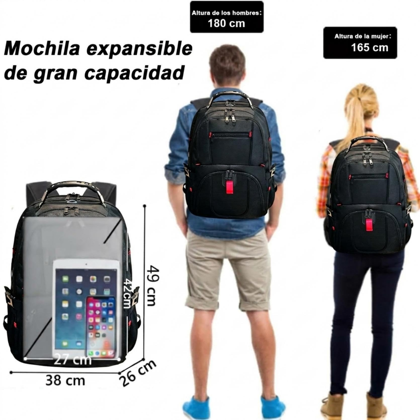 MATEIN Mochila Hombre Grande 50L, Mochila Portatil 17 Pulgadas con Compartimento Ordenador Portatil Multifuncional Impermeable Antirrobo para Negocio Diario Viaje Escolares, Negro
