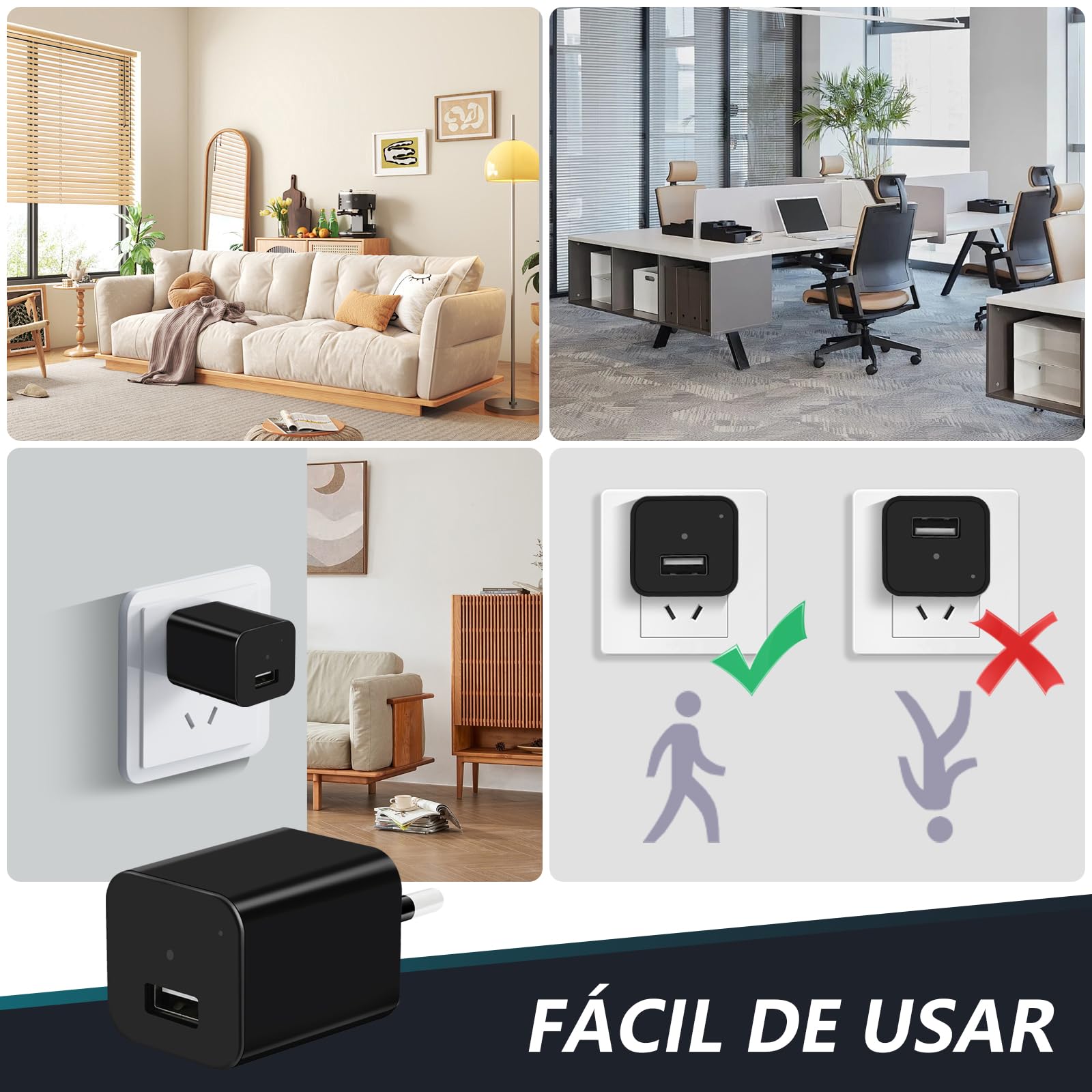 LXMIMI USB Cámara Oculta, HD 1080P Mini Cámara Espía | Cargador USB Cámara Oculta, Adaptador de Carga Cámara Espía Oculta, Soporte de Detección de Movimiento y Grabación en Bucle