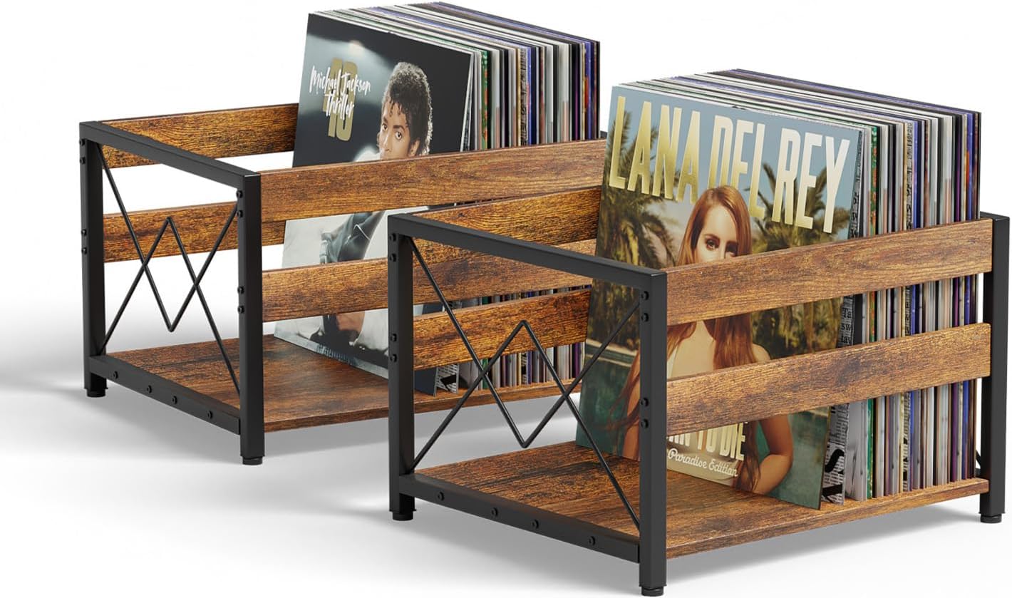 Y&M Vinyl Record Storage Crate, Wooden Storage Box, Classic Cube CD Albums Shelf Holder Organizer, Holds Up to 100+ Records, Magazine Rack for Desktop, Home, Office, Brown