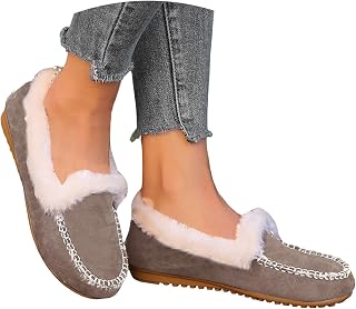 Winter Suede Casual Flats for Women Comfort Slip-On Loafers Warm Plush Lining Round Toe Driving Boat Shoes Ladies Fuzzy Memory Foam Indoor Outdoor Slippers Walking Shoes Flat Loafer