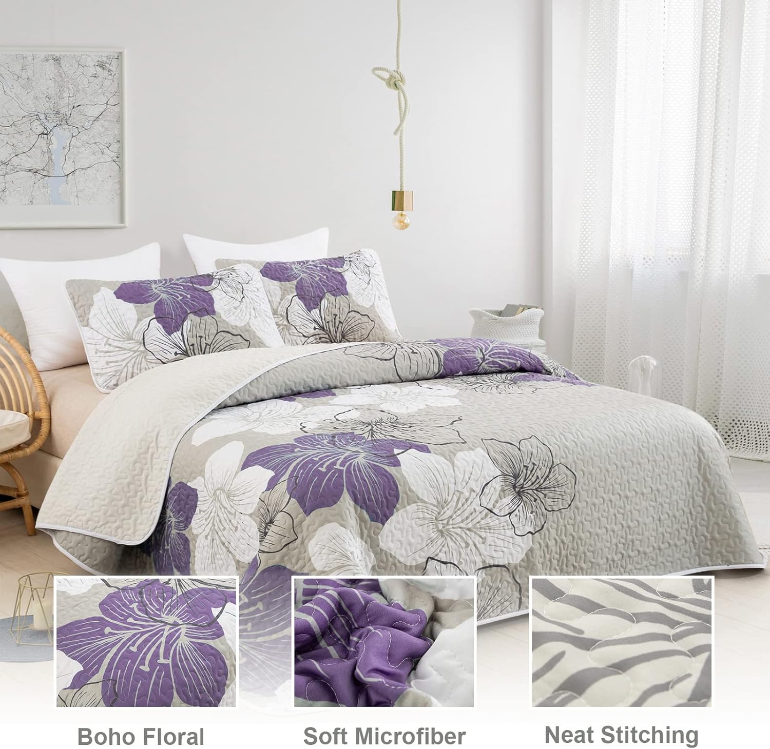 DJY 3 Pieces Quilt Set King Purple Lily Pattern Quilt Coverlet Set Boho Floral Bedspread with 2 Pillow Shams Lightweight Microfiber Elegant Bedding Quilt Set All Season (Purple, 104"x90") - Image 2