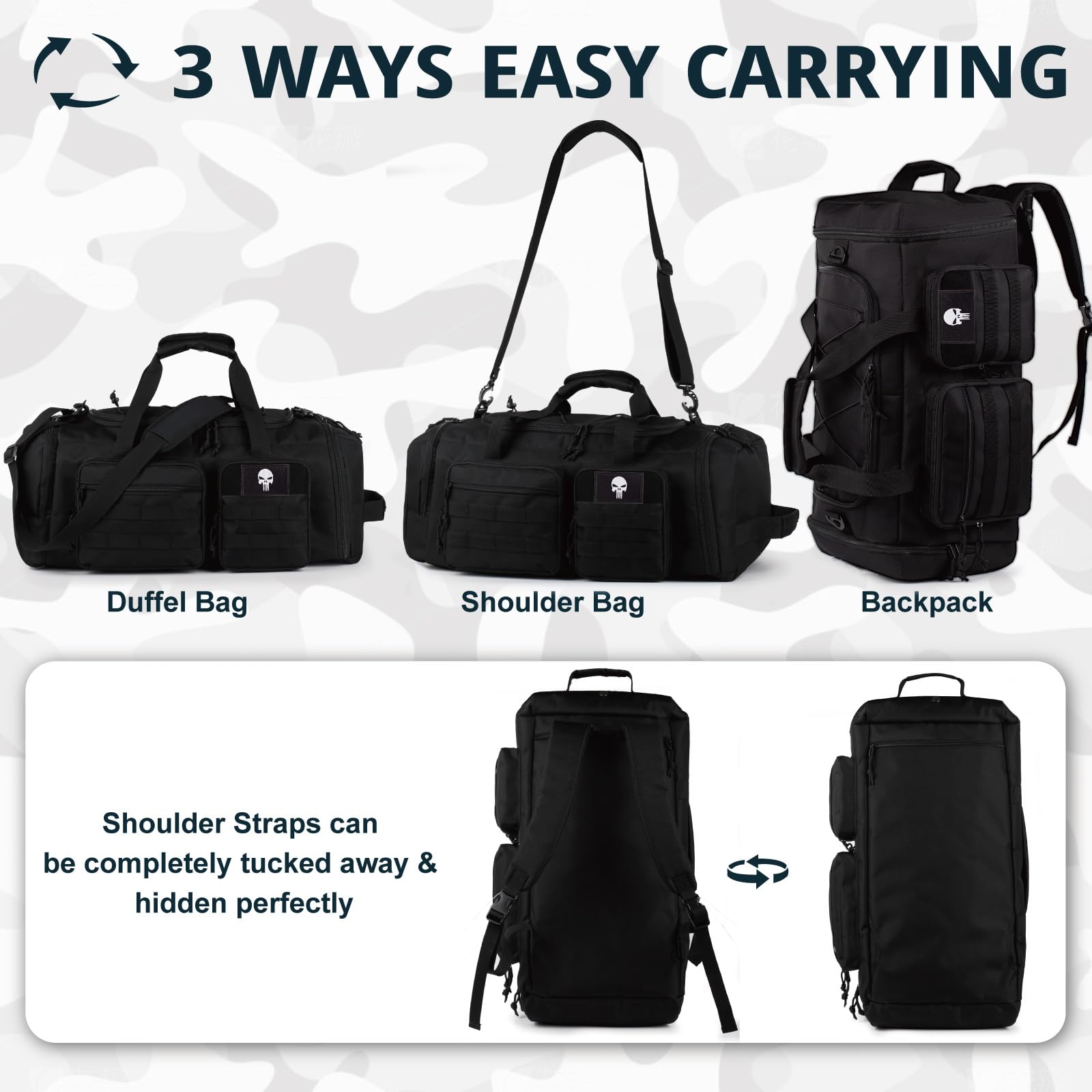 Borsa Palestra Tattica 3 in 1 da 50L per Uomo e Donna – Zaino da Viaggio Impermeabile con Scomparto Scarpe e Tasca Umida – Borsone Sportivo Weekend, Viaggio, Notte
