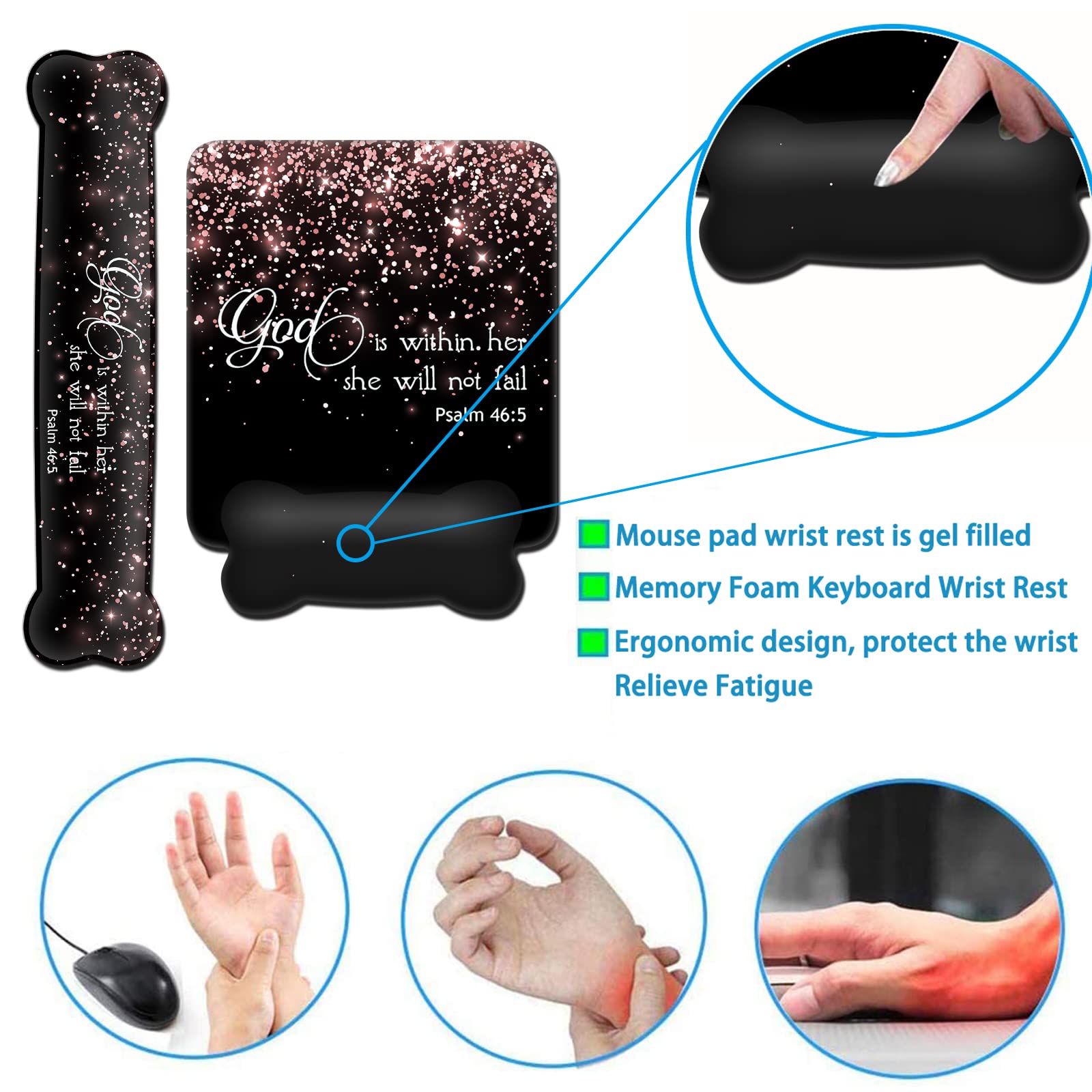 Handgelenkauflage Set Mit Mauspad – Memory Foam, Ergonomisch, Rose Gold & Schwarz, Inkl. Psalm 46:5 Design