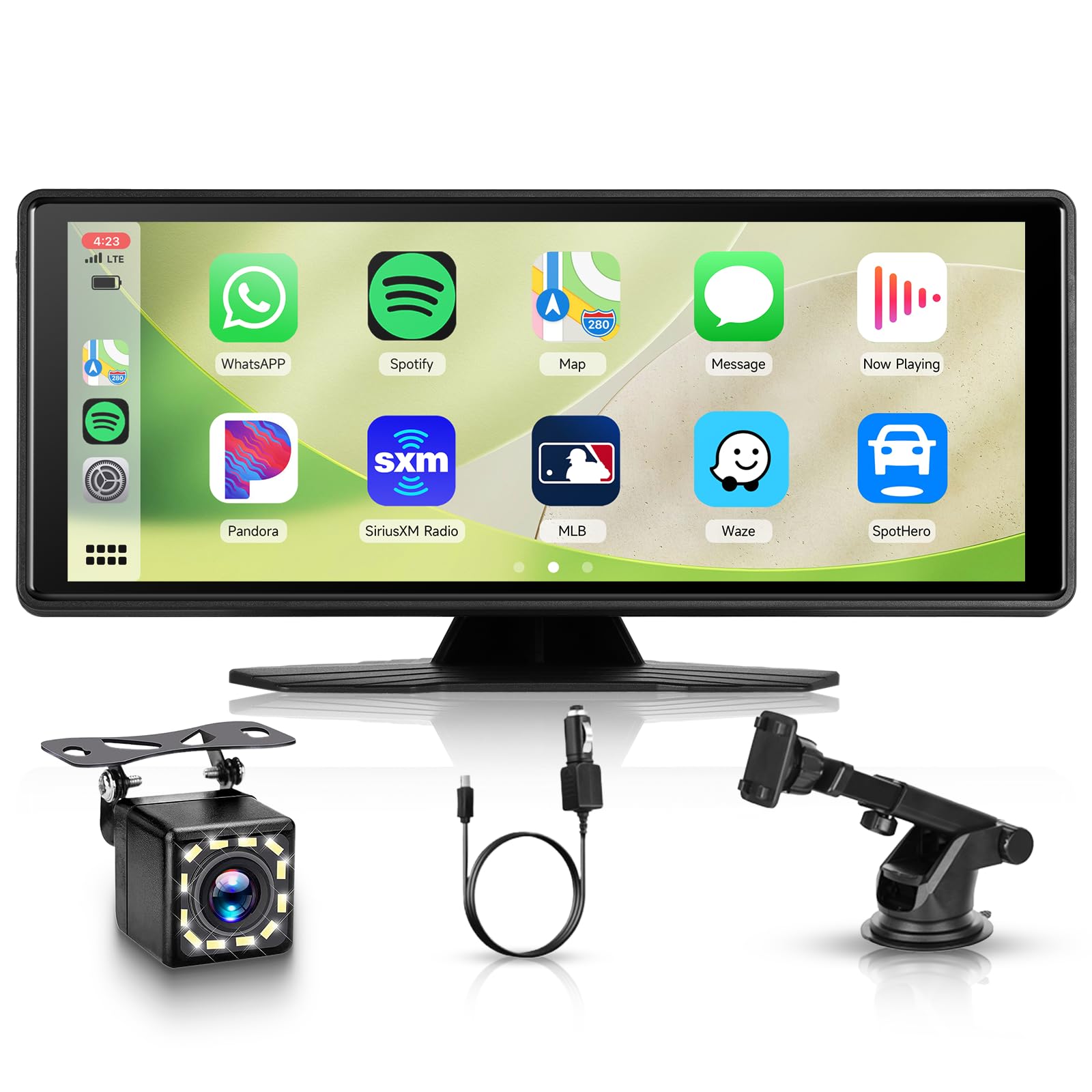 Hodozzy Bezprzewodowy ekran samochodowy Carplay z systemem Android, 10,26 cala, przenośne radio samochodowe Bluetooth z ekranem dotykowym IPS, EQ/Airplay, sterowanie głosem, nadajnik AUX/TF/FM +