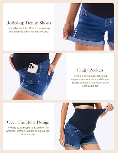 Miniatura 4 de HOFISH Pantalones de mezclilla elásticos para mujer, cómodos pantalones cortos de mezclilla para entrenamiento, casuales, para embarazo