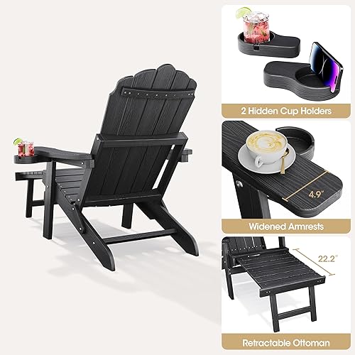 Miniatura 5 de Silla Adirondack plegable con respaldo ajustable, 2 portavasos resistente a la intemperie al aire libre, patio, césped, jardín, terraza trasero,