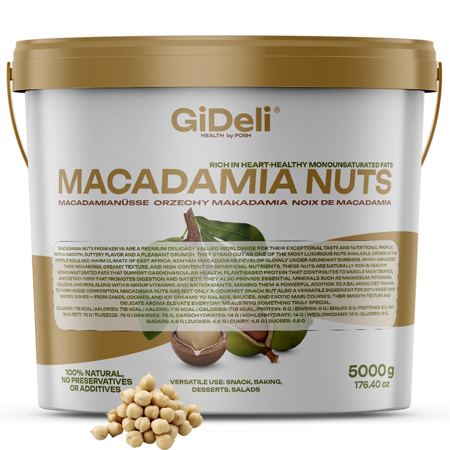 GiDeli Macadamianüsse bruch 5 kg im Eimer - ungesalzen Nüsse in Rohkostqualität - cremig & nussig - reich an einfach ungesättigten Fettsäuren – ideal für Müsli, Patisserie & Foodservice