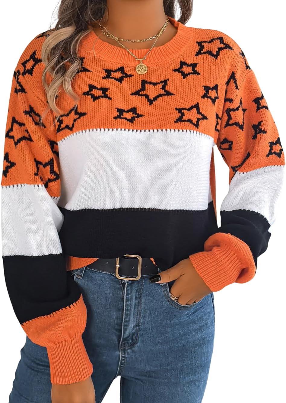 Star Sweater,Color Block Crew Neck Fall Sweaters for Women,Cute Long Sleeve Knit Tops