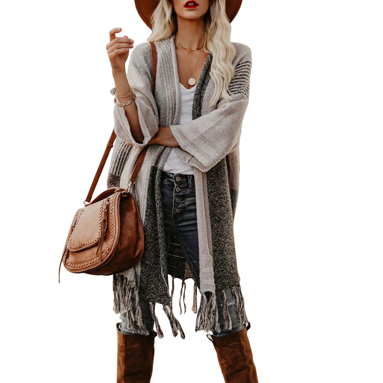 Exlura Women's Open Front Knitted Tassel Cardigan Stripes Slash Hem Loose Sweater Poncho