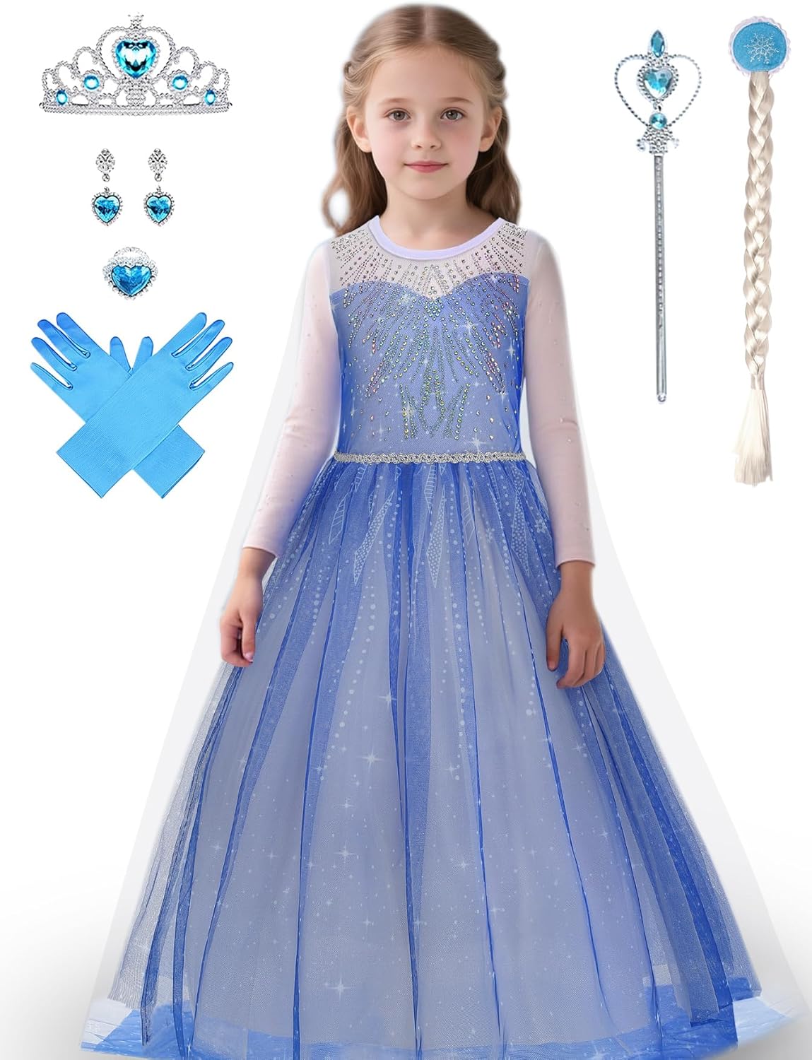 Girls Princess Dress with Crown Magic Wand Cape Princess Costumes for Party Cosplay3-9