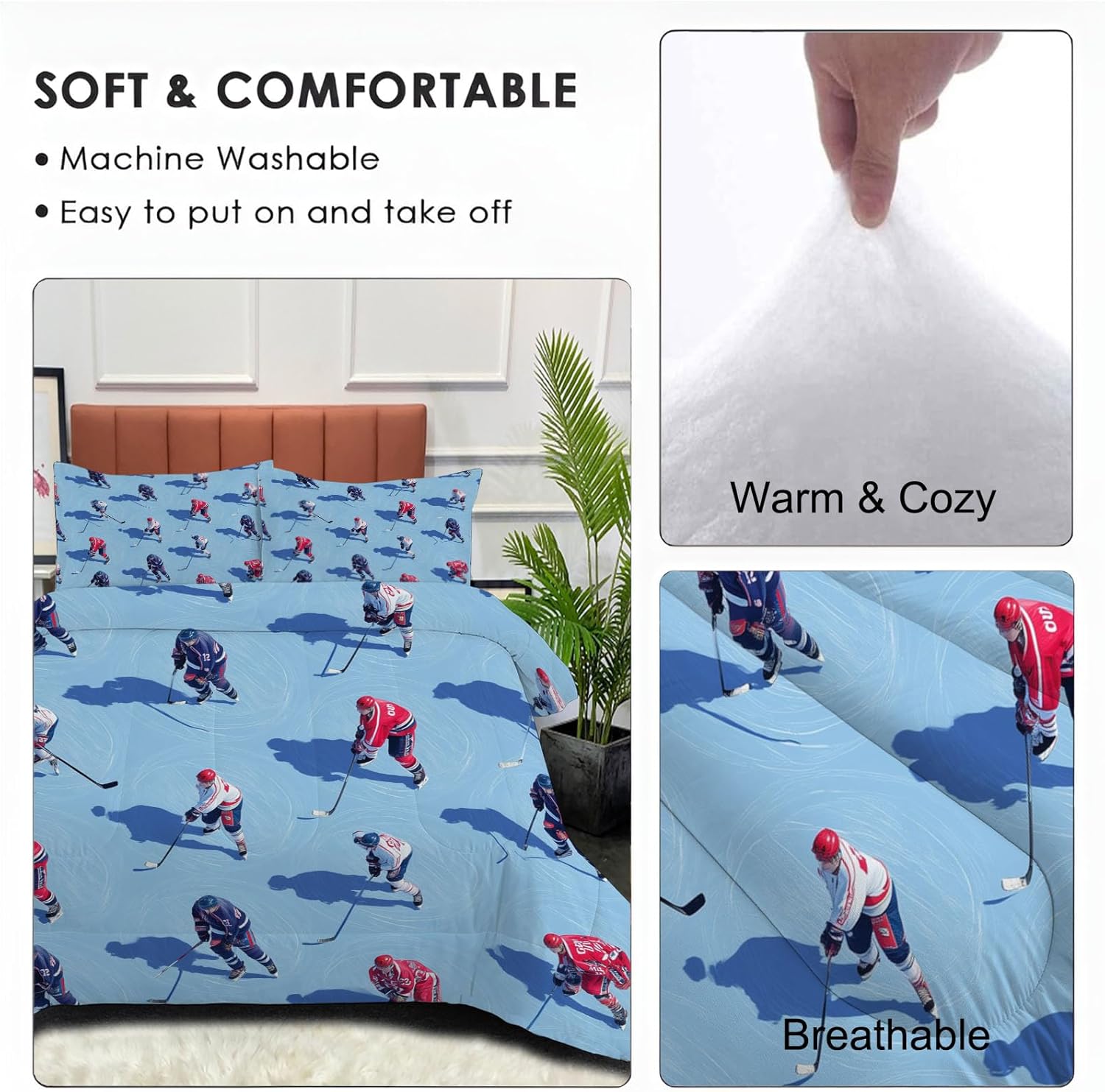3D Ice Hockey Players Comforter Set Queen Size Bedding Set Sports Competition Theme All Season Down Comforter Printed Quilted with 2 Pillow Shams for Kids, Teens, Adults 90 x 90in Blue