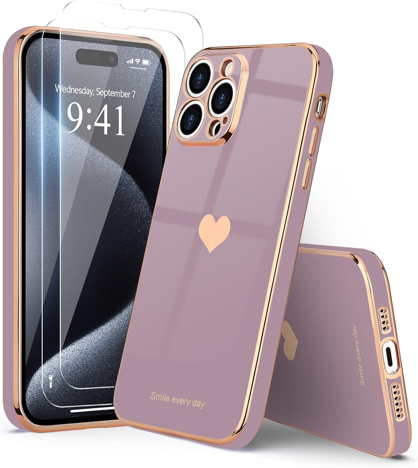 Teageo for iPhone 15 Pro Max Case with Screen Protector [2 Pack] Girl Women Cute Girly Love-Heart Luxury Gold Soft Cover Camera Protection Silicone Shockproof Phone Case iPhone 15 Pro Max, Lavender - Image 7