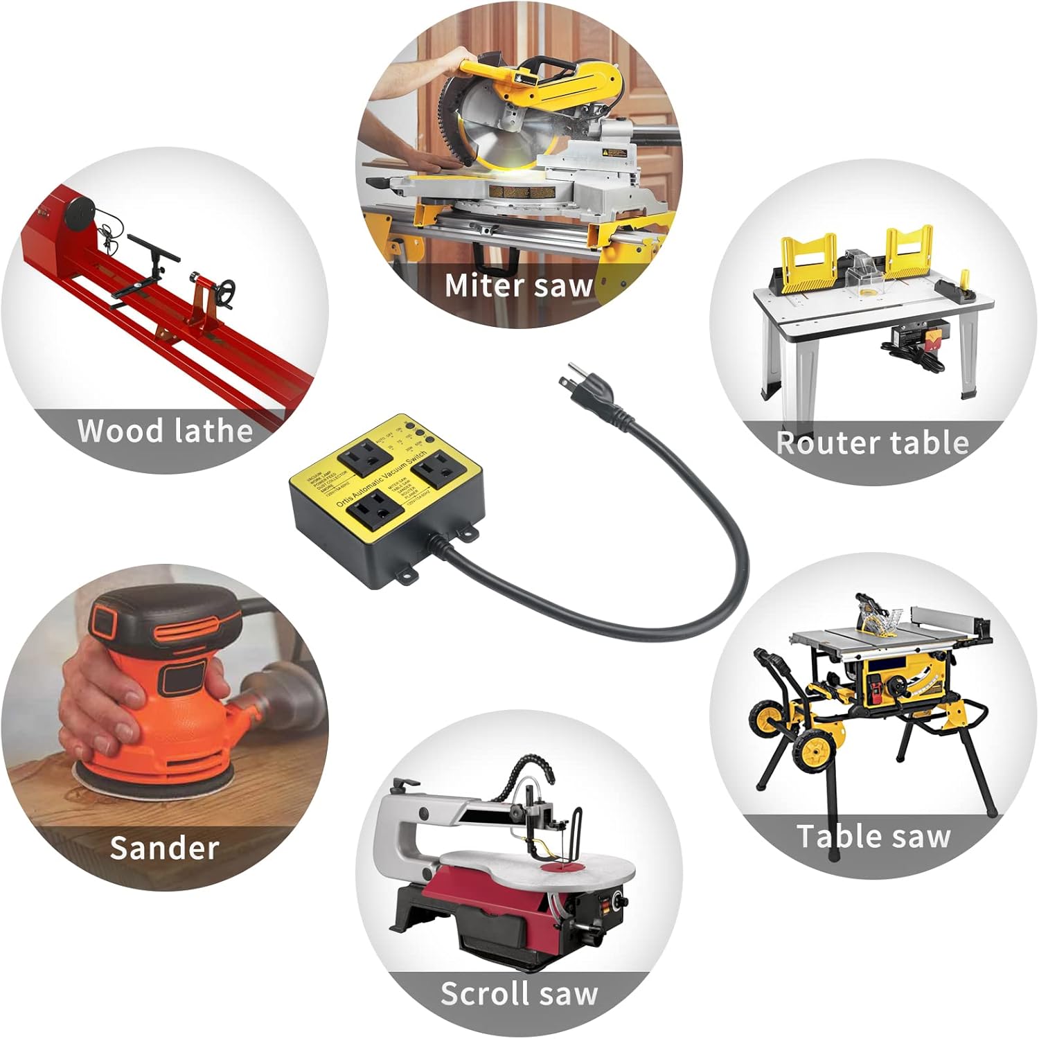 Automatic Vacuum Switch with Extra Outlet for Using More Power Tools, Ortis Dust Control Autoswitch Delay Vacuum On/Off to Prevent Circuit Overload and Tripping, Adjustable Actuation Threshold, Yellow