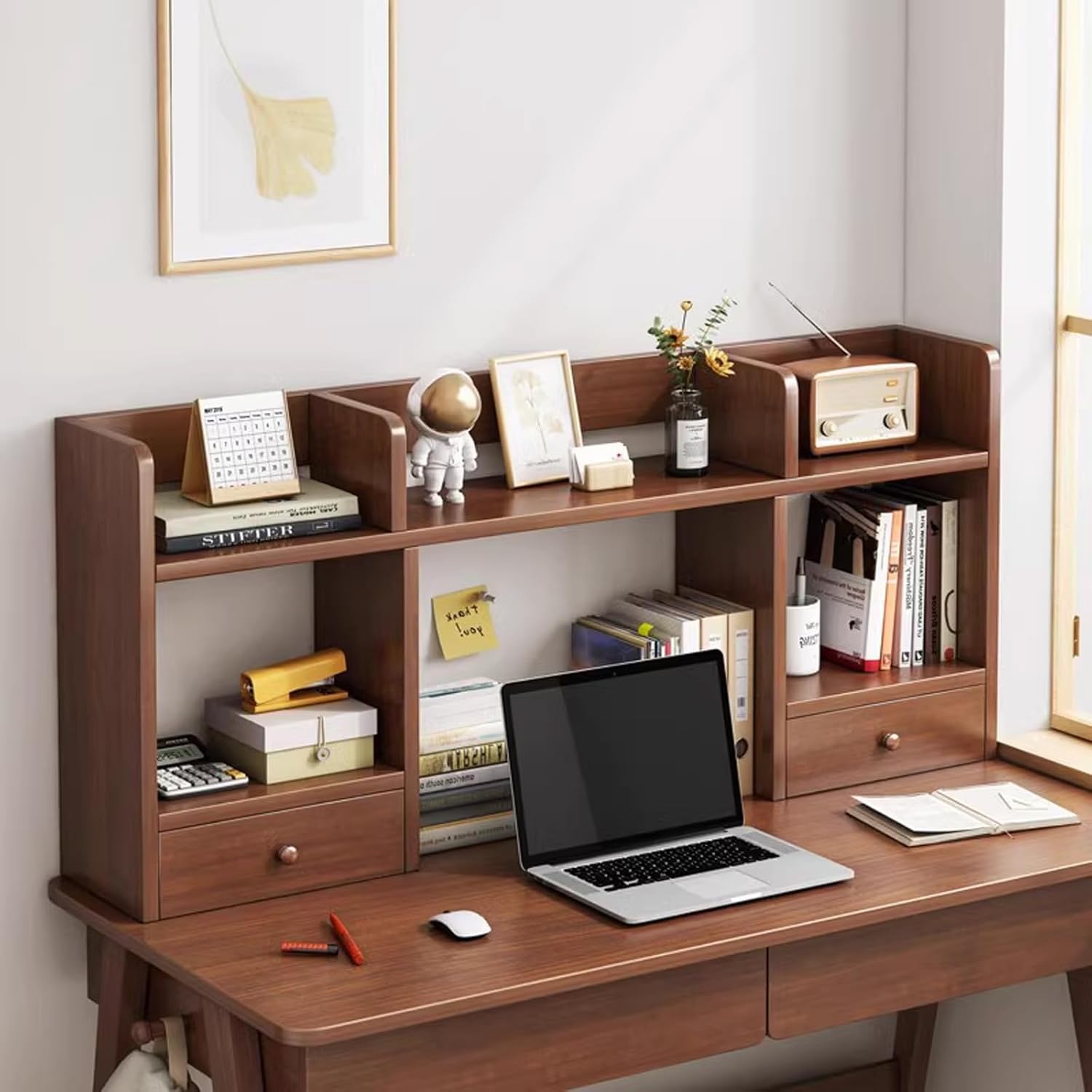 Libreria da scrivania in legno con 2 cassetti e 5 ripiani, autoportante, elegante organizer marrone per casa, ufficio, soggiorno, studio (colore noce, 100 x 16 x 52 cm)