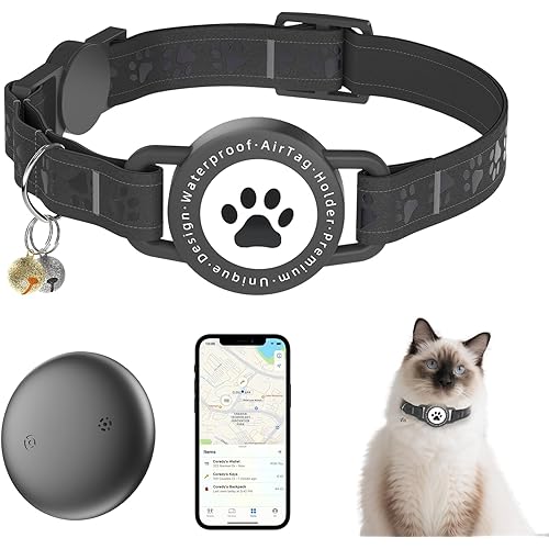 GPS Tracker for Cats, Waterproof GPS Cat Trackers Cats Collar with Bells, No Subscription, GPS Cat Collar, Adapt with Apple Find My (iOS Only) Finder Tag for Items Vehicles, Pets, Kids (Black)