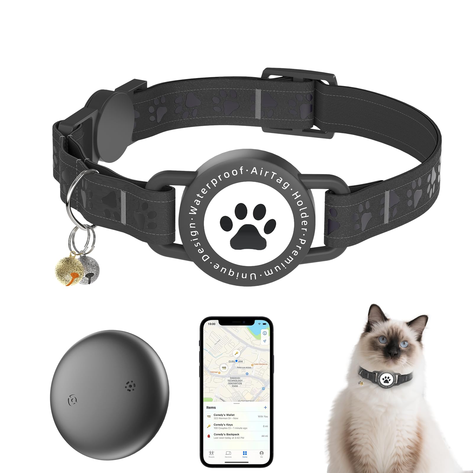 GPS Tracker for Cats, Waterproof GPS Cat Trackers Cats Collar with Bells, No Subscription, GPS Cat Collar, Adapt with Apple Find My (iOS Only) Finder Tag for Items Vehicles, Pets, Kids (Black)