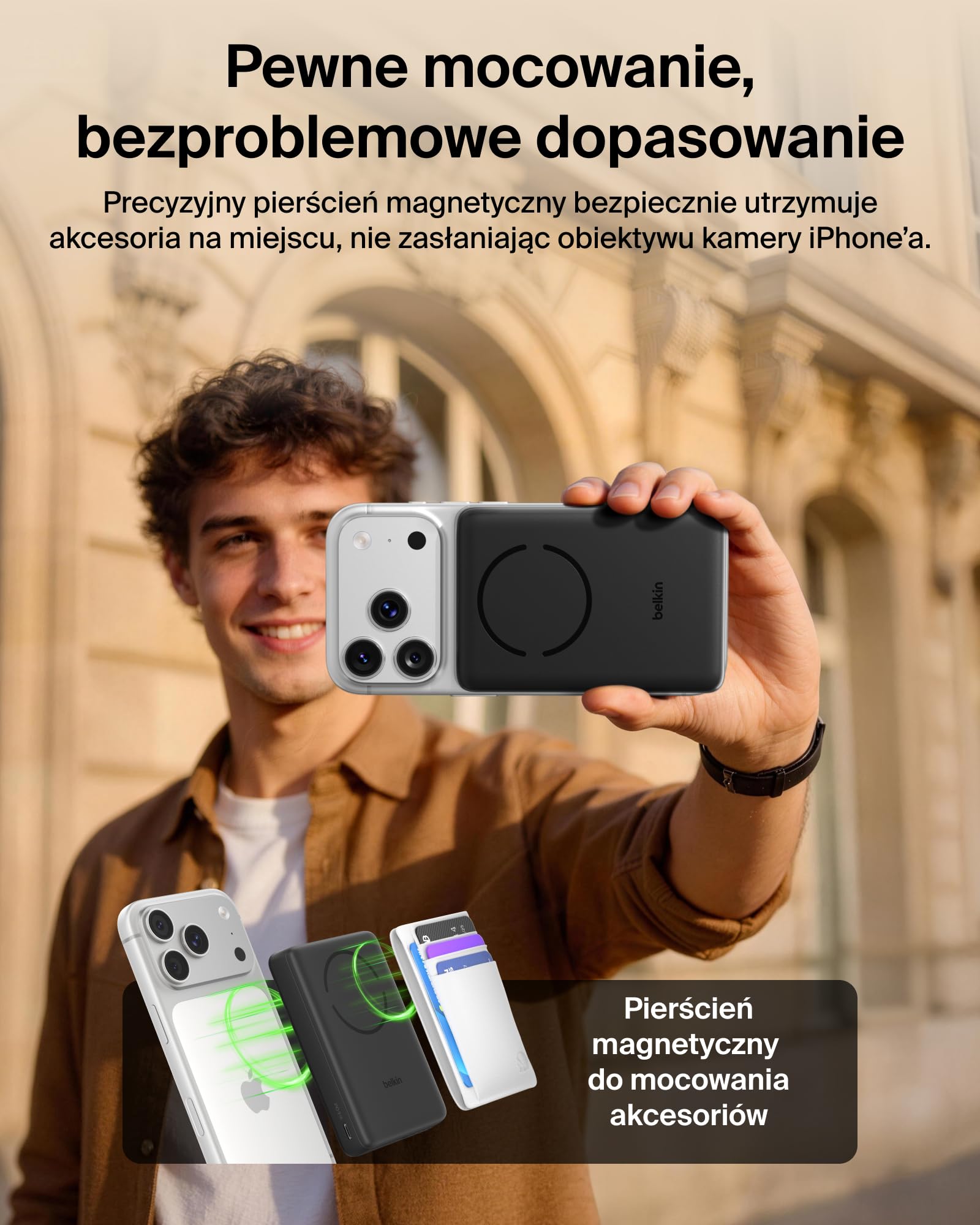 Belkin BoostCharge Magnetyczny Powerbank 10 000 mAh z Pierścieniem – Czarny | Powerbank Bezprzewodowy 10 000 mAh Qi2, Pierścień Magnetyczny do Akcesoriów, 2 Porty USB-C, Naładowany, Kabel w Zestawie